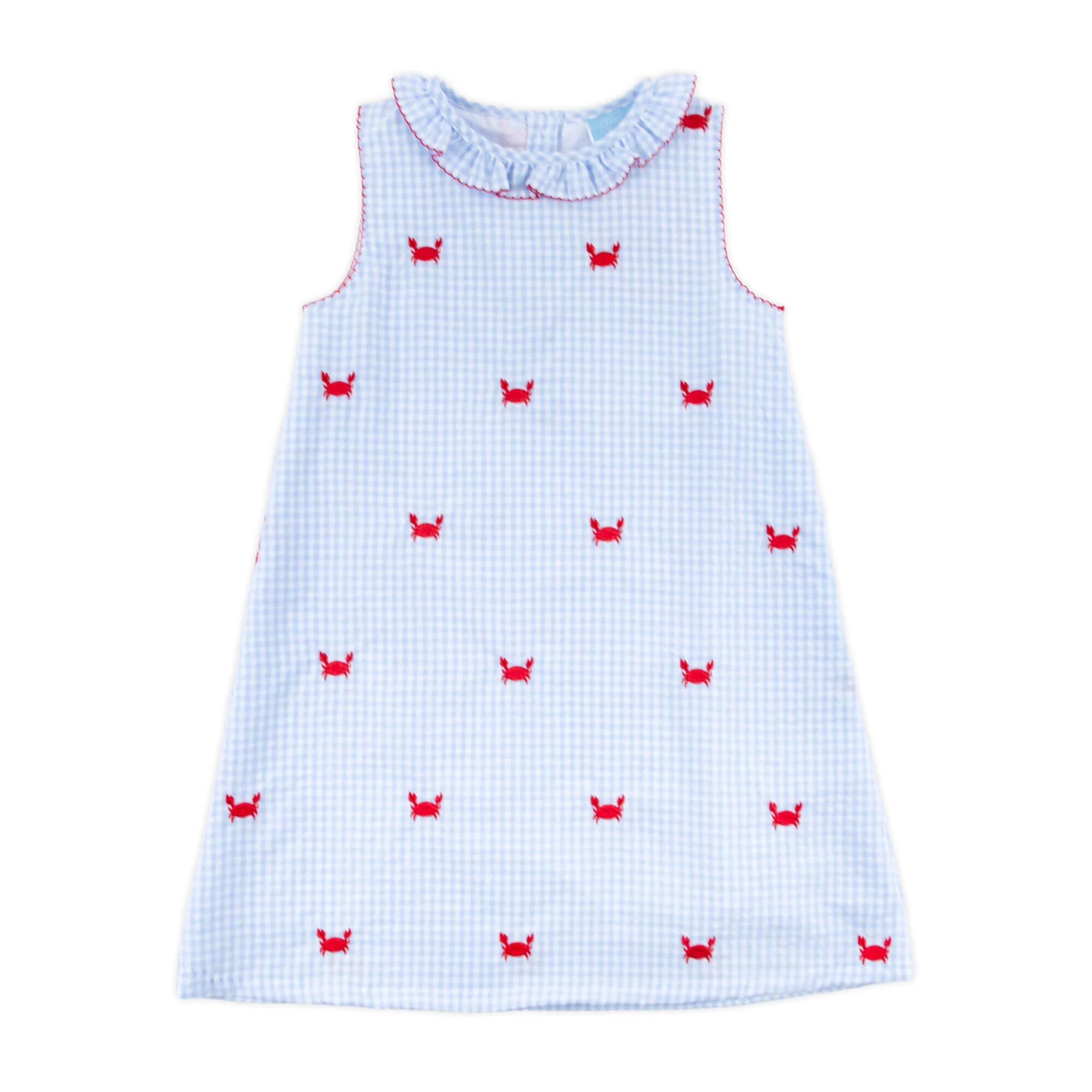 Crab Schiffli Blue Gingham Ruffle Collared Dress - Image 4