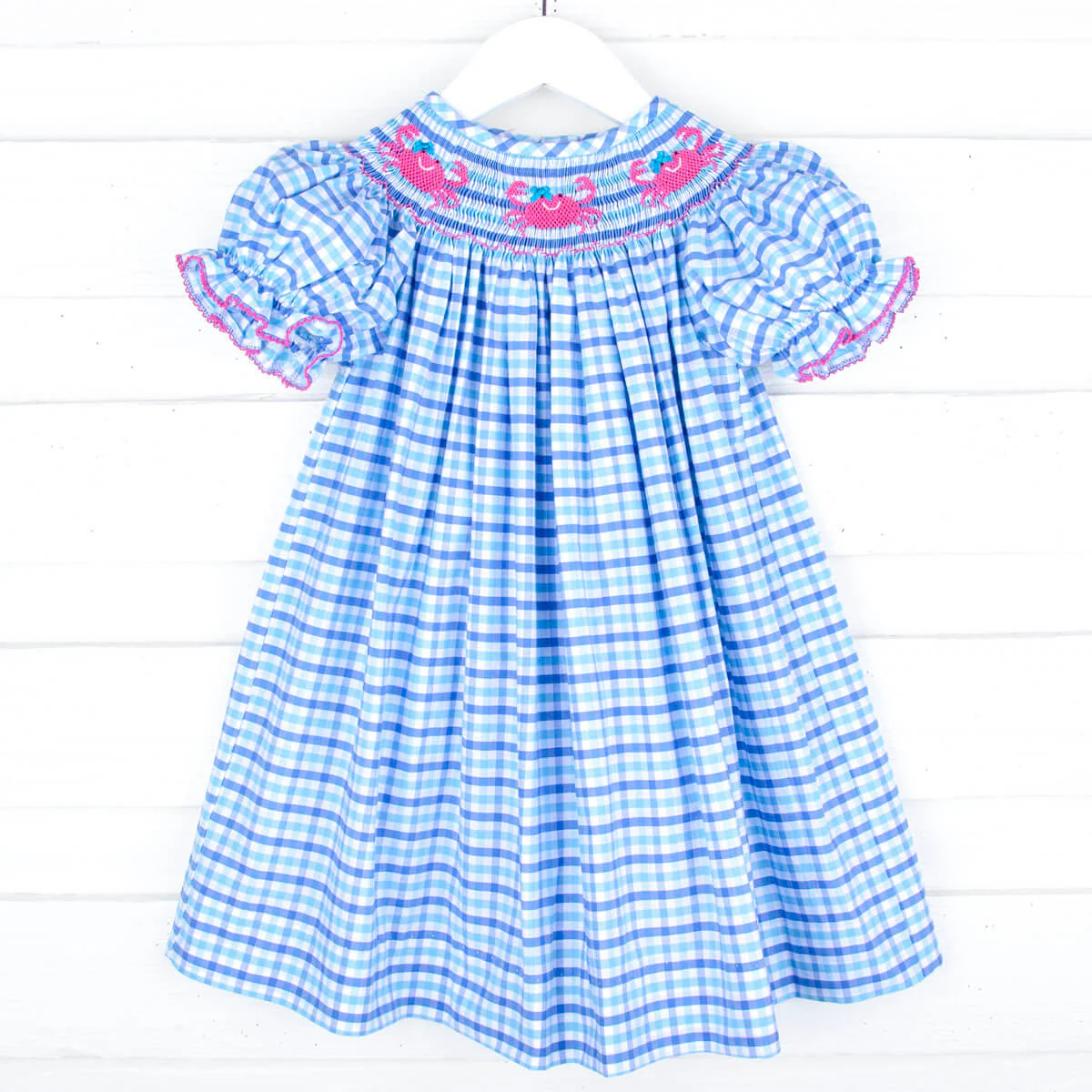 Crab Smocked Blue Plaid Dress - Image 2