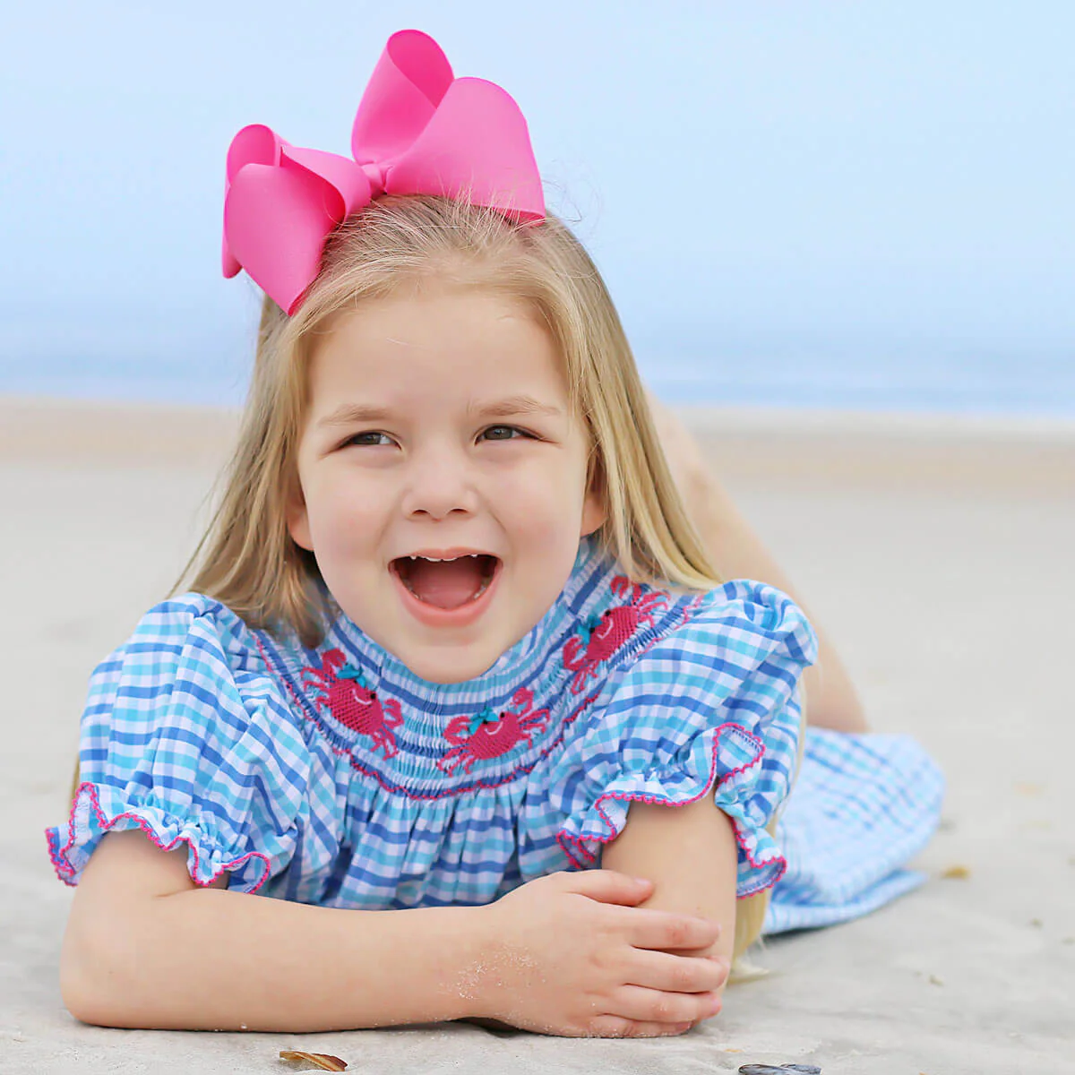 Crab Smocked Blue Plaid Dress - Image 3