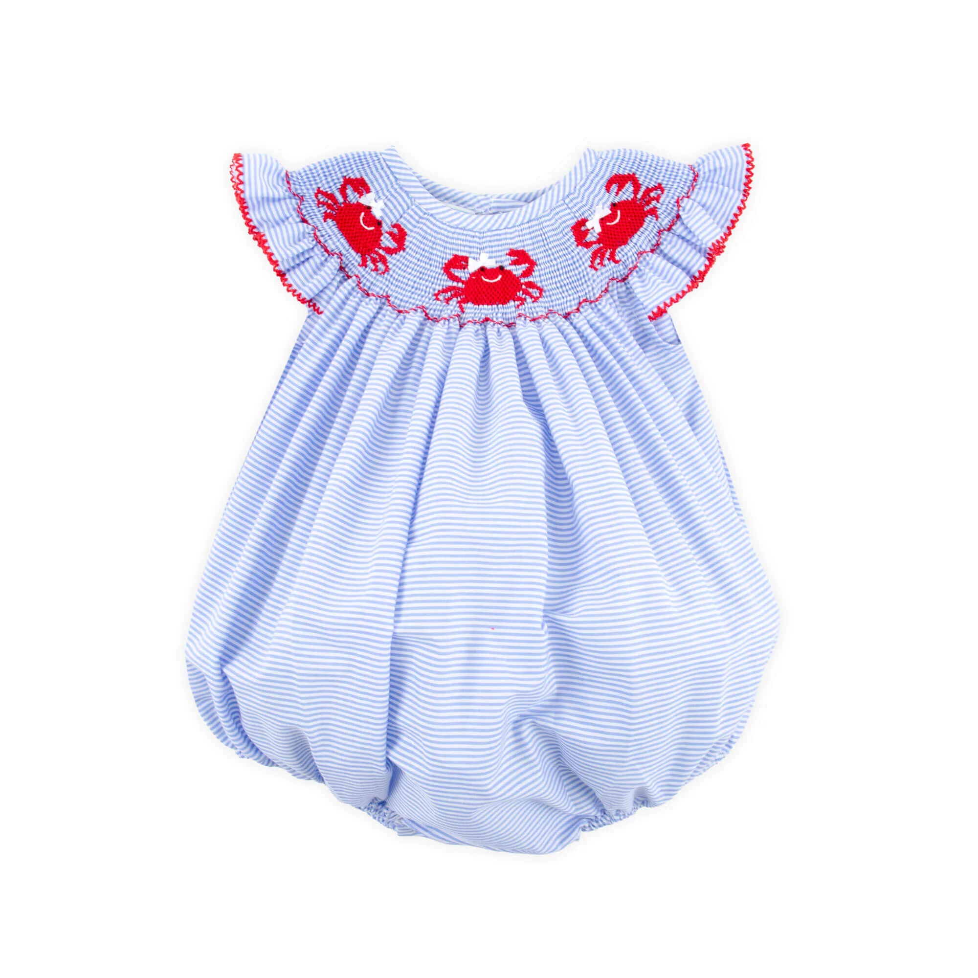 Crab Treasures Smocked Blue Stripe Angel Sleeve Bubble - Image 2