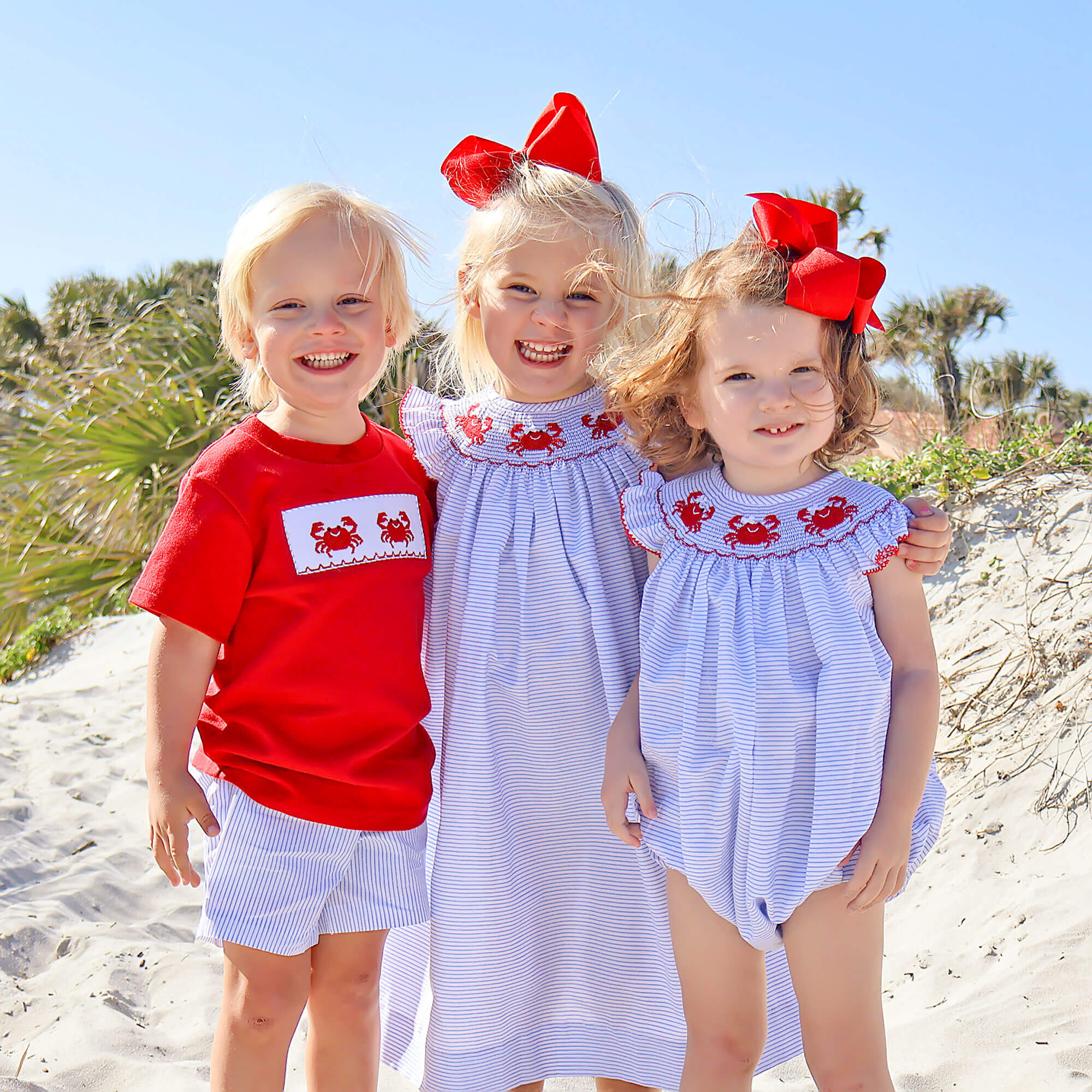 Crab Treasures Smocked Blue Stripe Angel Sleeve Bubble - Image 3