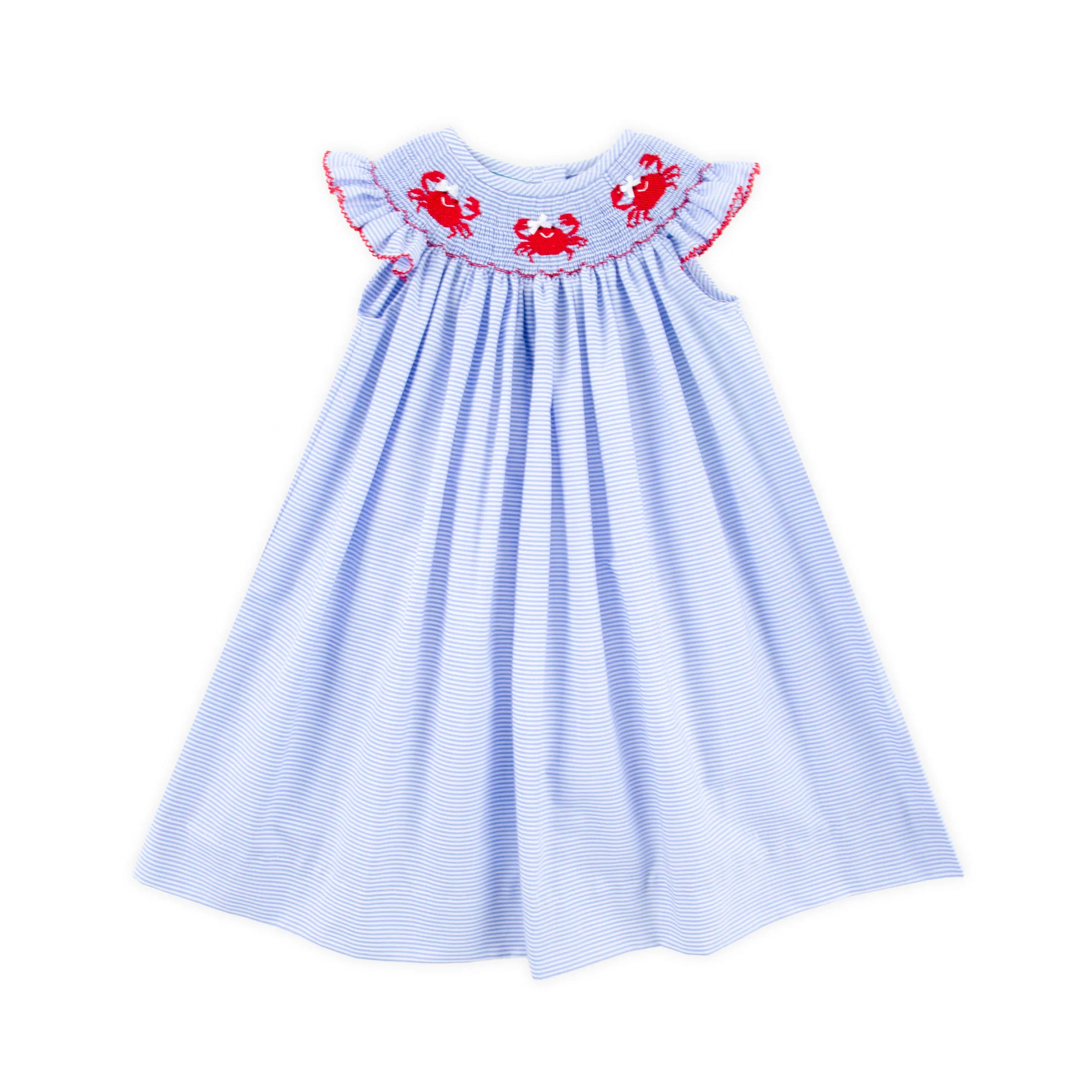 Crab Treasures Smocked Blue Stripe Angel Sleeve Dress - Image 2