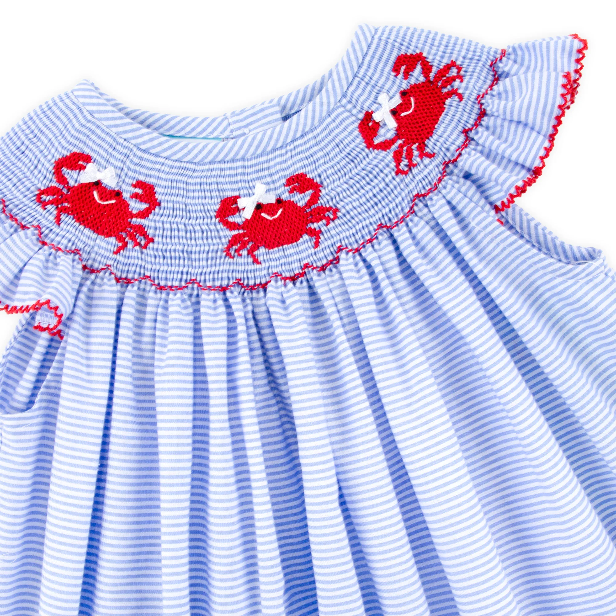 Crab Treasures Smocked Blue Stripe Angel Sleeve Dress - Image 3