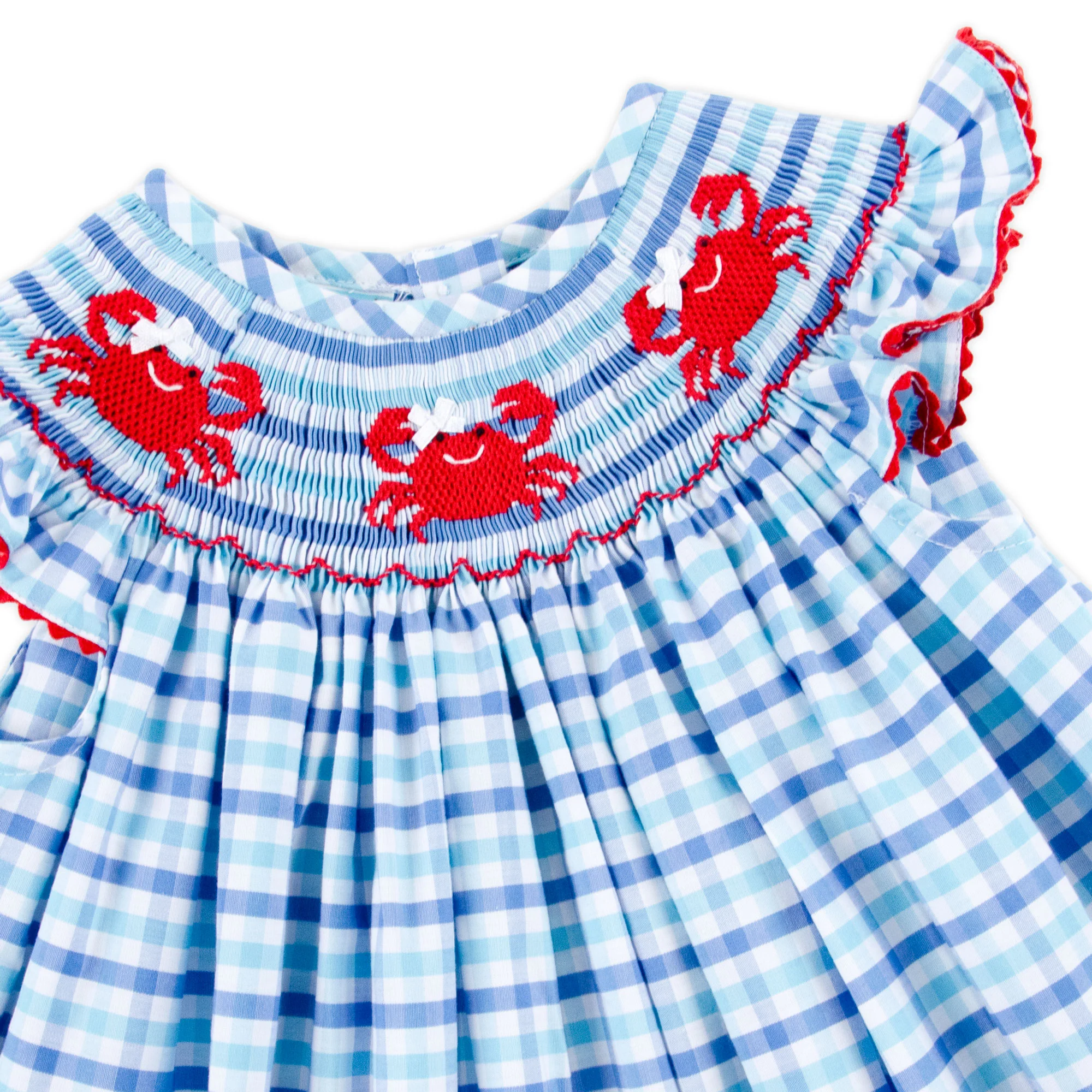 Crab Trio Smocked Blue Plaid Angel Sleeve Dress - Image 2