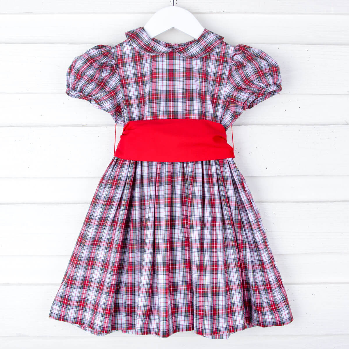 Cream Plaid Dress w Red Corduroy Sash - Image 3