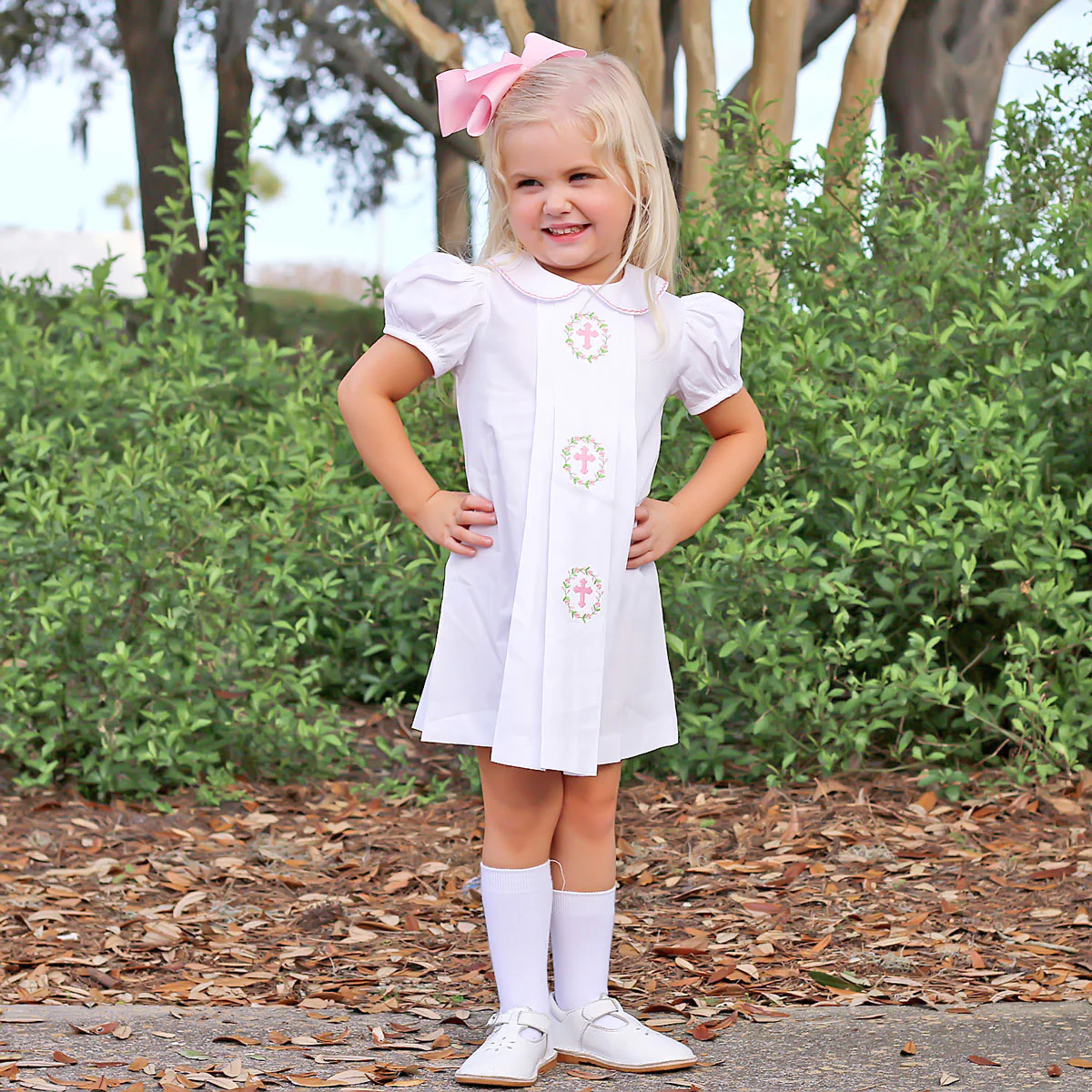 Cross and Wreath Embroidered Collared Dress White Pique - Image 3