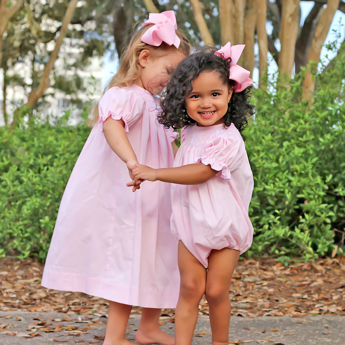 Cross Smocked Pink Pique Bishop Dress - Image 6