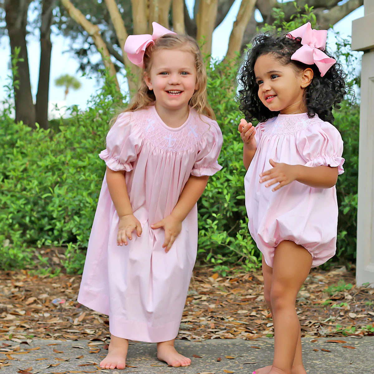 Cross Smocked Pink Pique Bishop Dress - Image 8