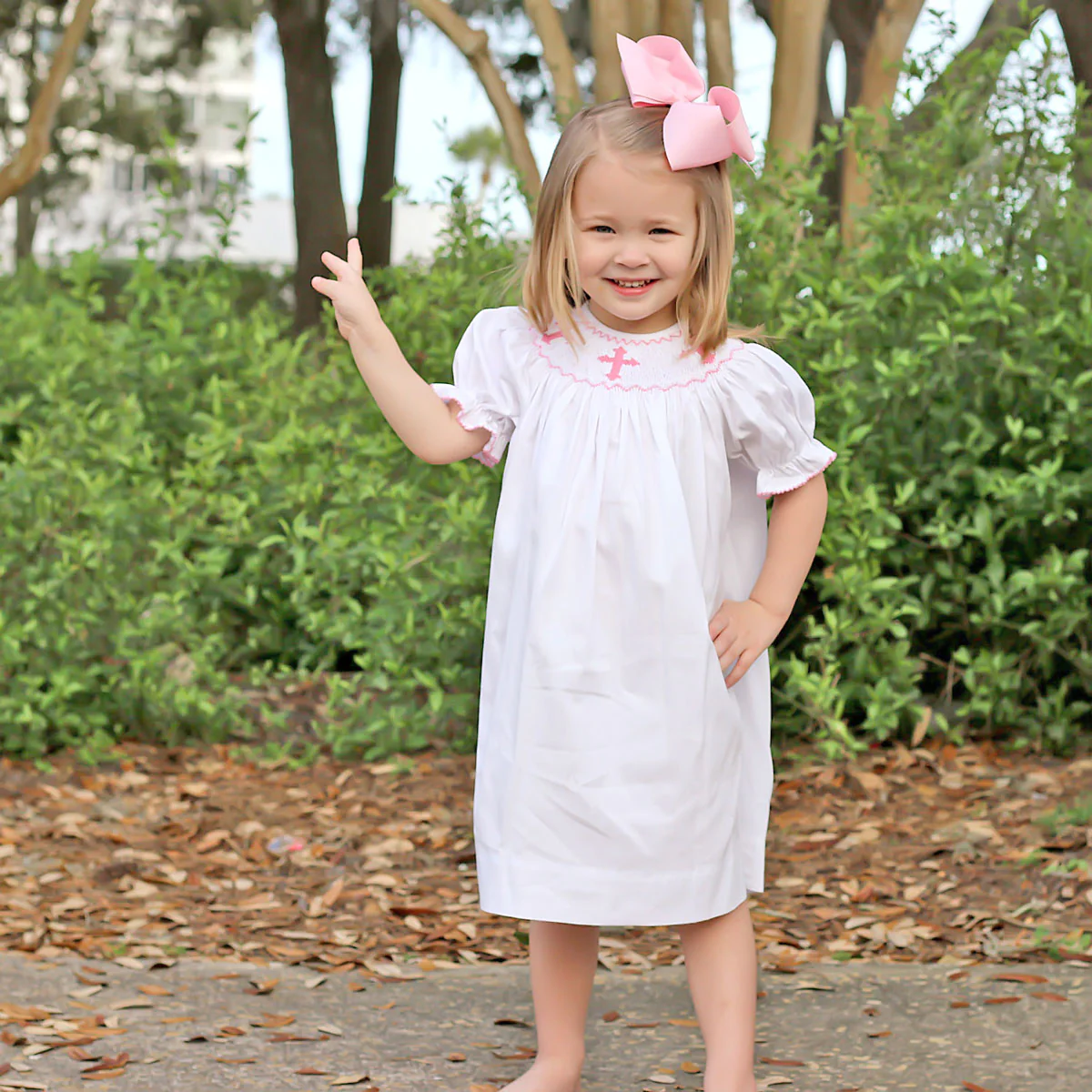 Pink Cross Smocked White Bishop Dress - Image 3