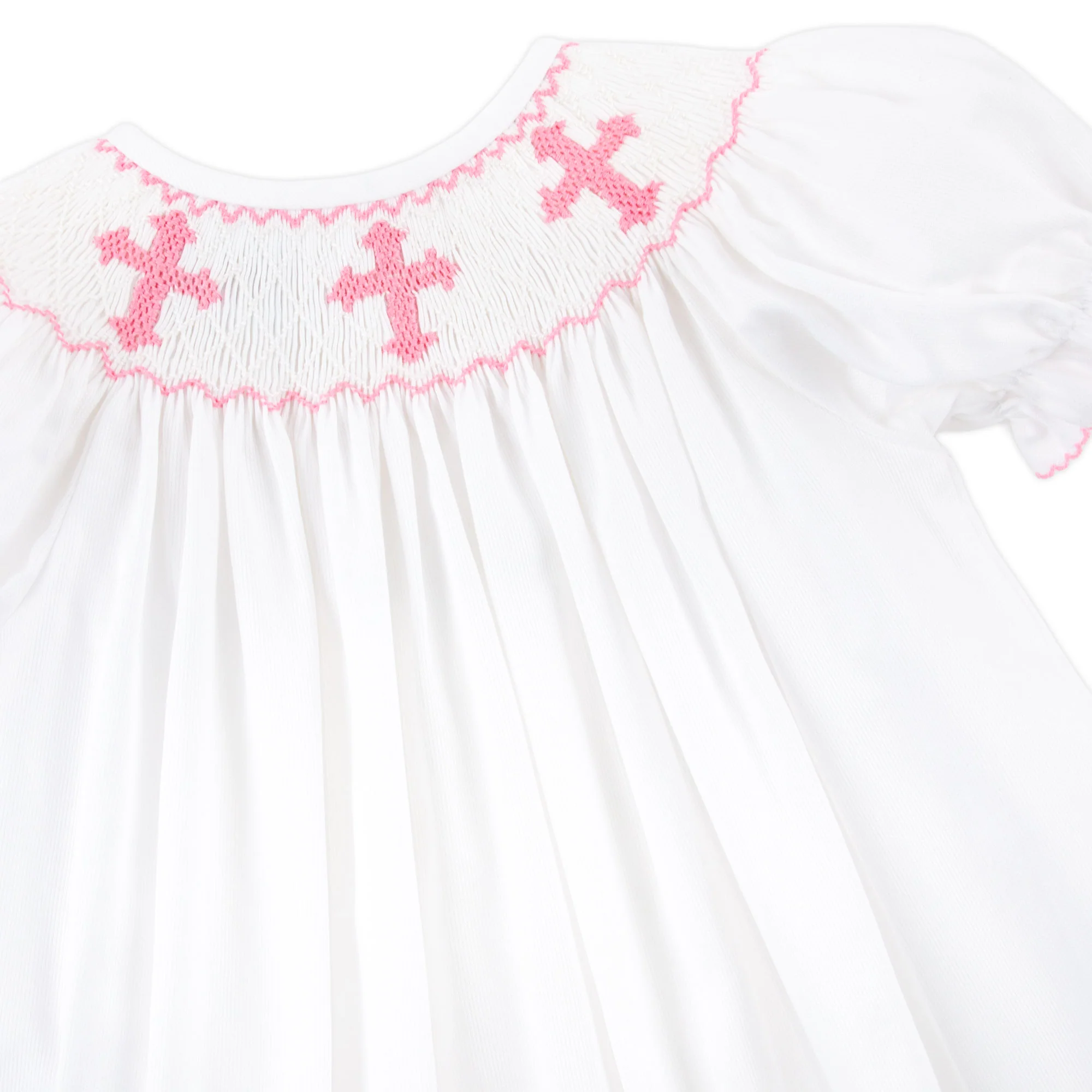 Pink Cross Smocked White Bishop Dress - Image 4