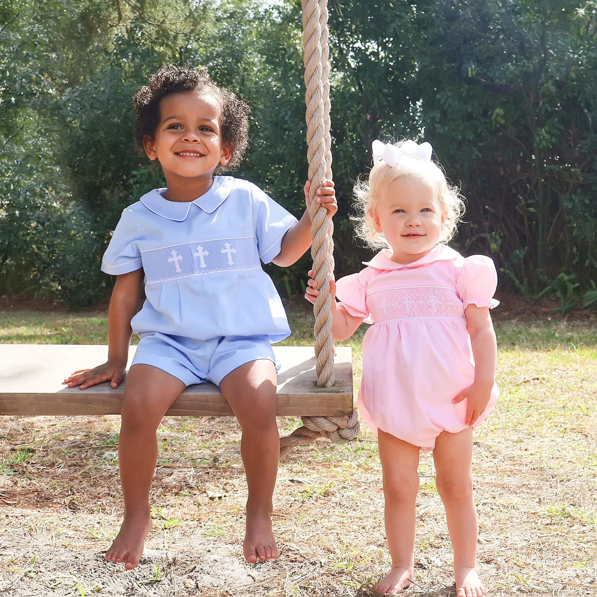 Cross Smocked Pink Pique Collared Bubble - Image 3