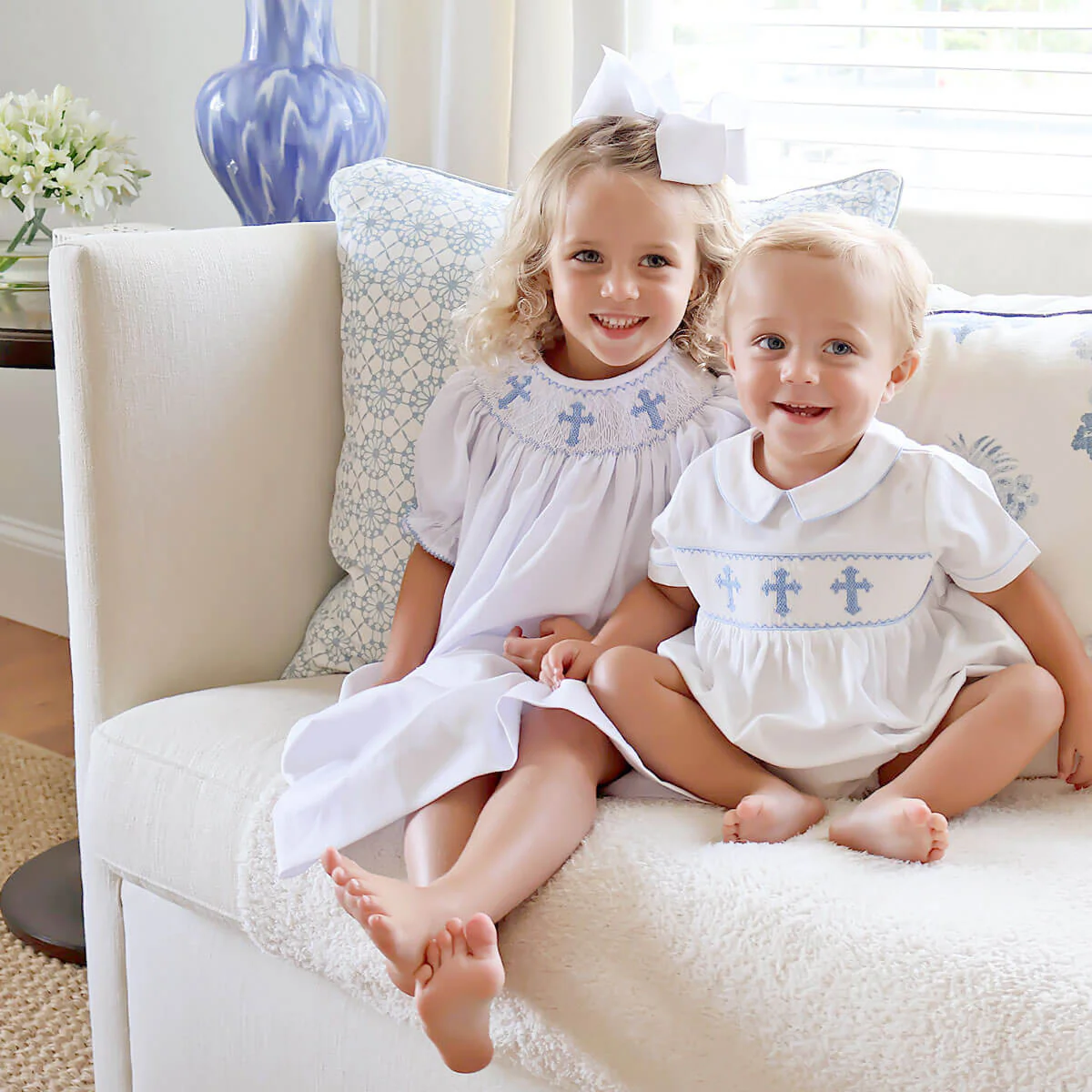 Smocked Blue Cross White Boy Bubble - Image 3
