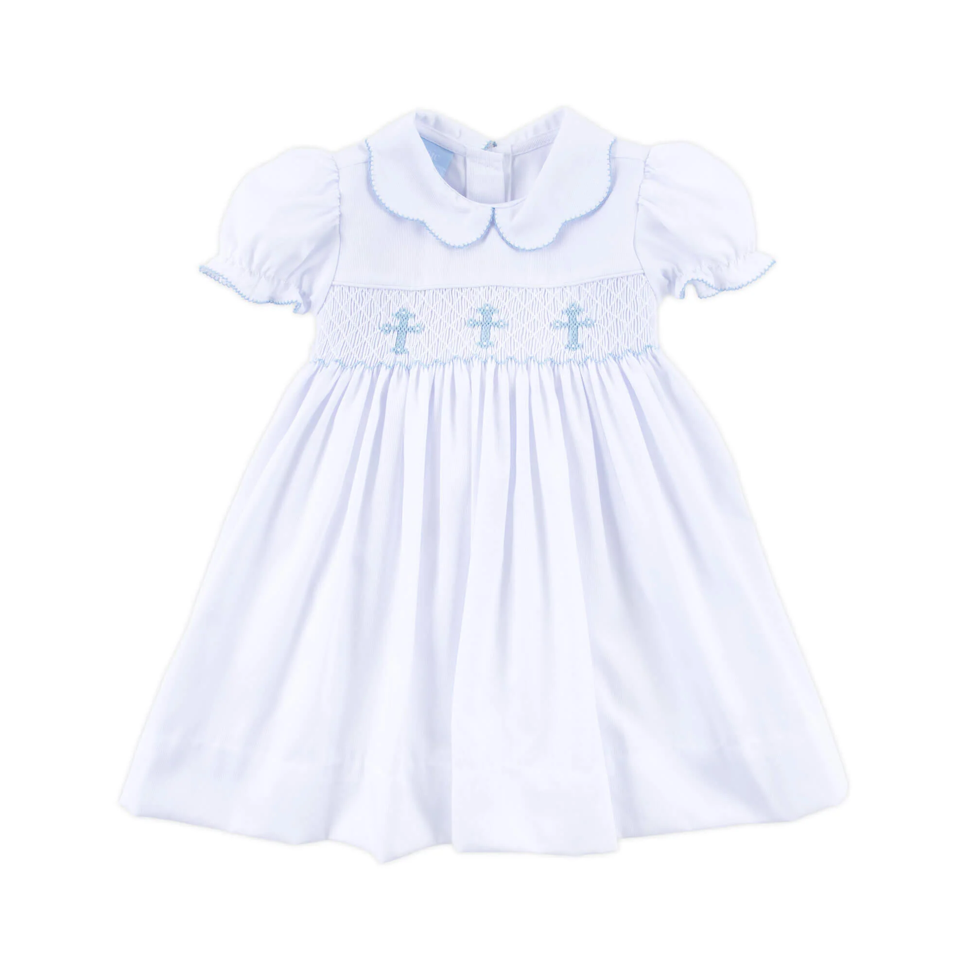 Blue Cross Smocked White Pique Collared Dress - Image 2