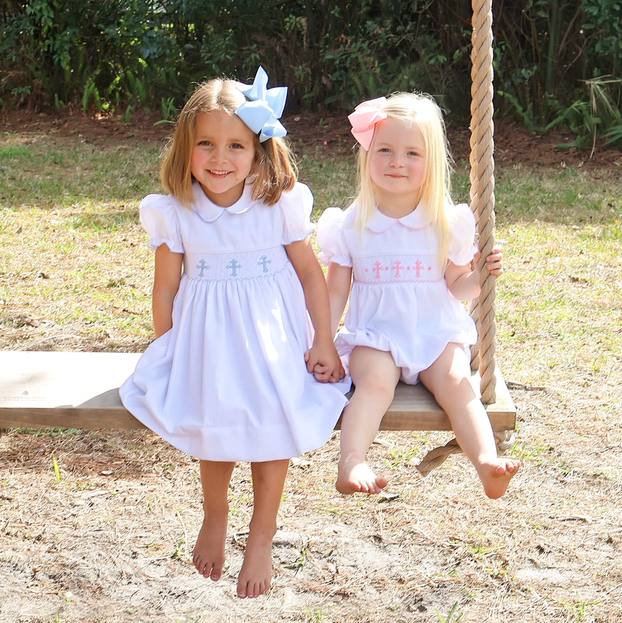 Blue Cross Smocked White Pique Collared Dress - Image 3