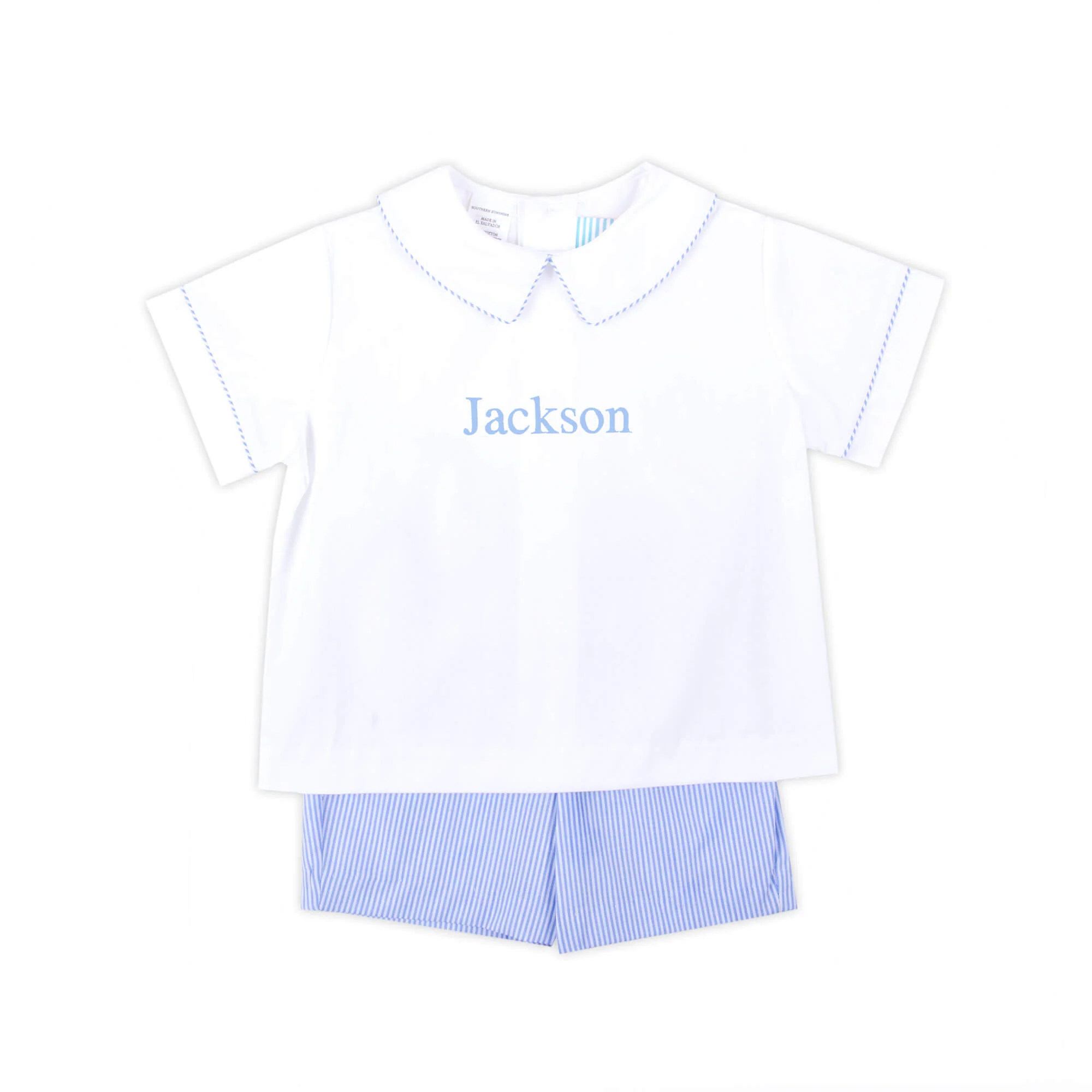 Cute Blue Stripe Collared Short Set - Image 2