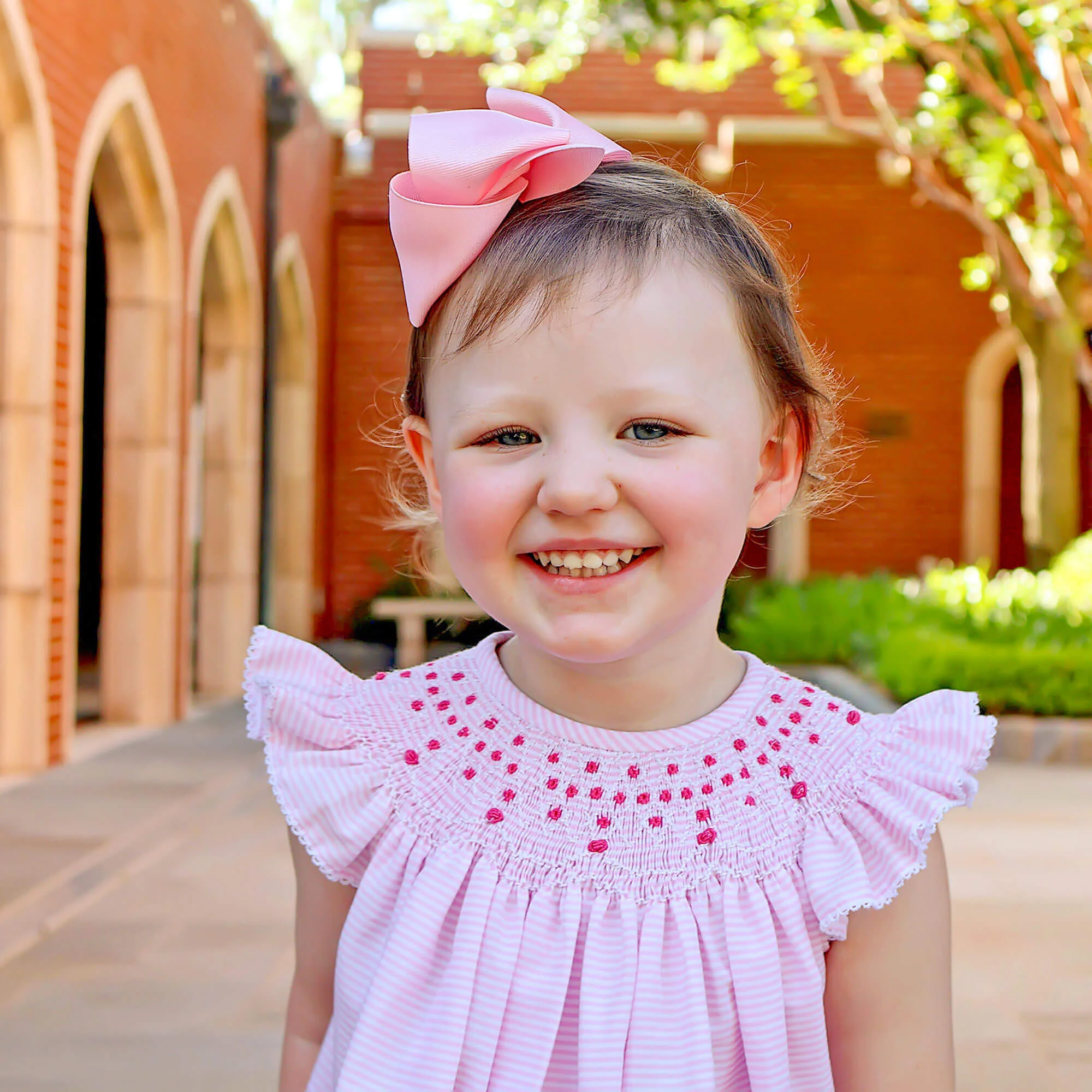 Cute Pink Stripe Smocked Angel Sleeve Bubble - Image 3