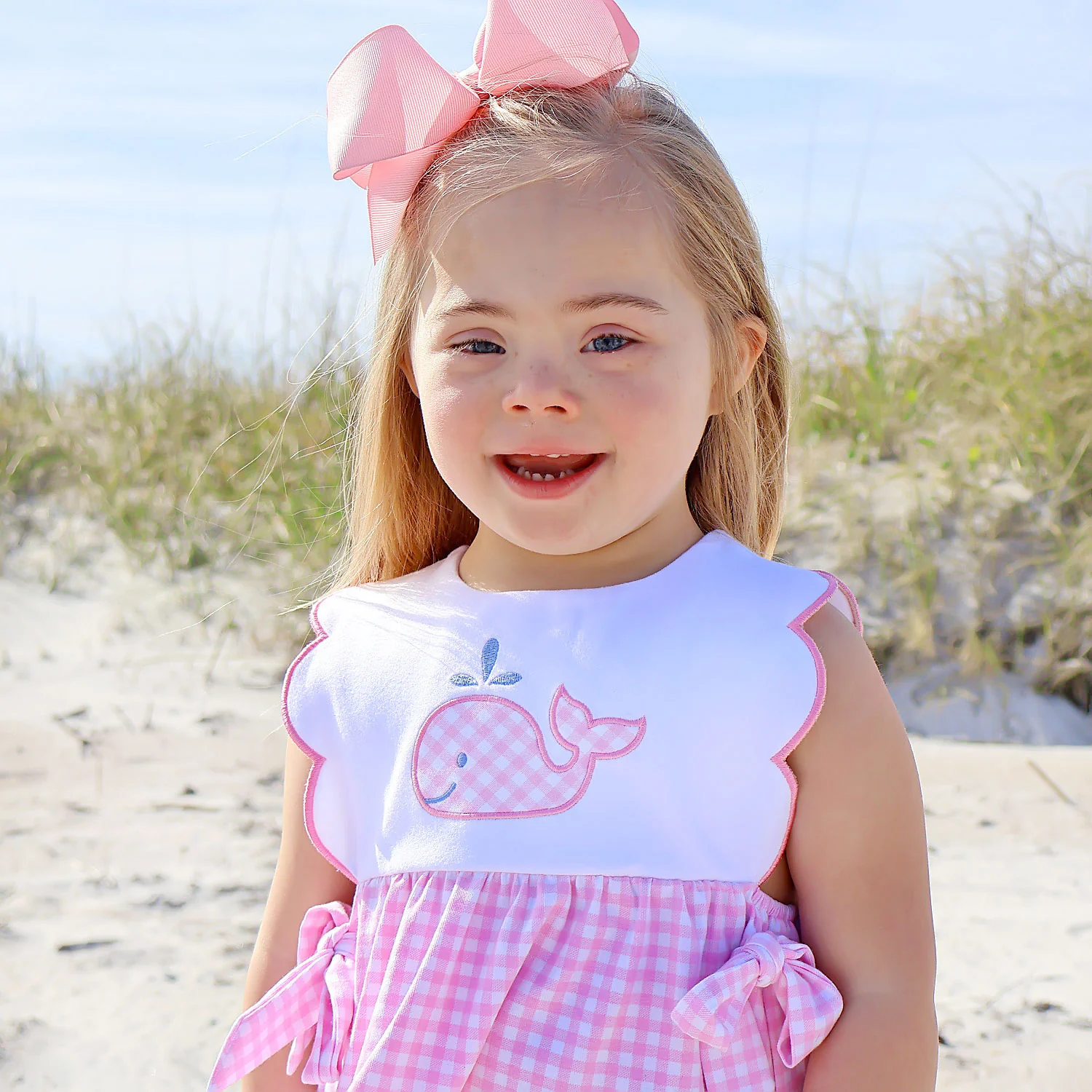 Cute Whale Pink Gingham Scalloped Bib Dress - Image 2