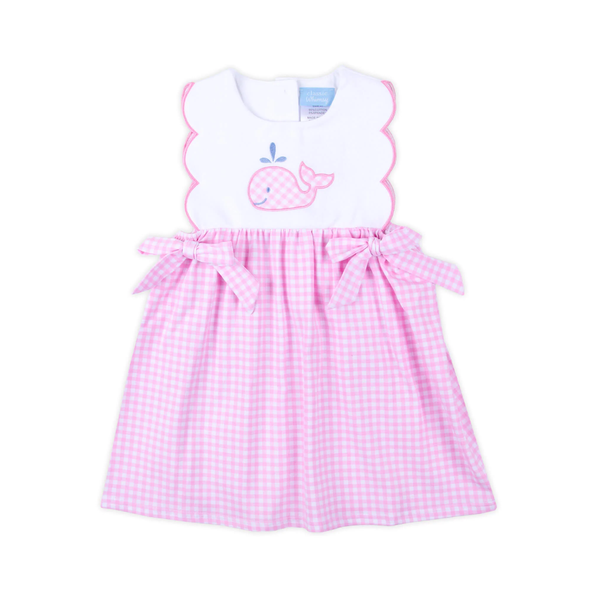 Cute Whale Pink Gingham Scalloped Bib Dress - Image 3