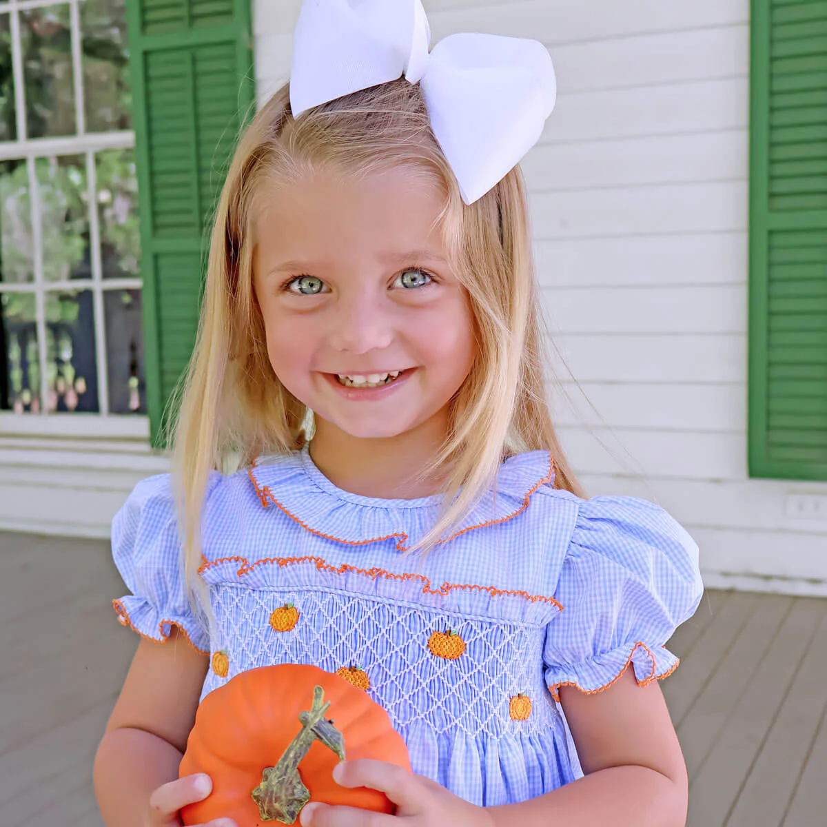 Harvest Pumpkin Light Blue Gingham Smocked Ruffle Collar Dress - Image 2