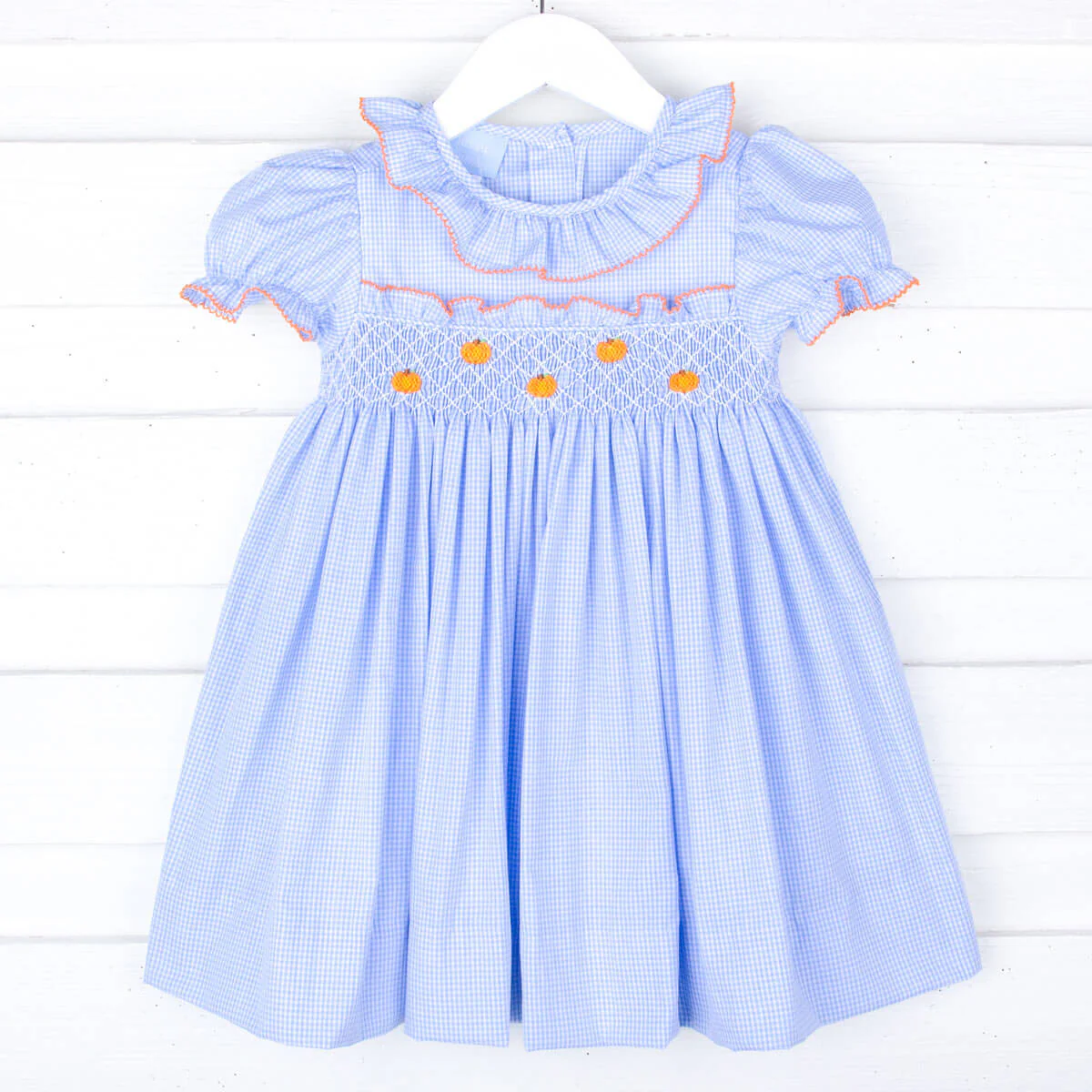 Harvest Pumpkin Light Blue Gingham Smocked Ruffle Collar Dress - Image 3