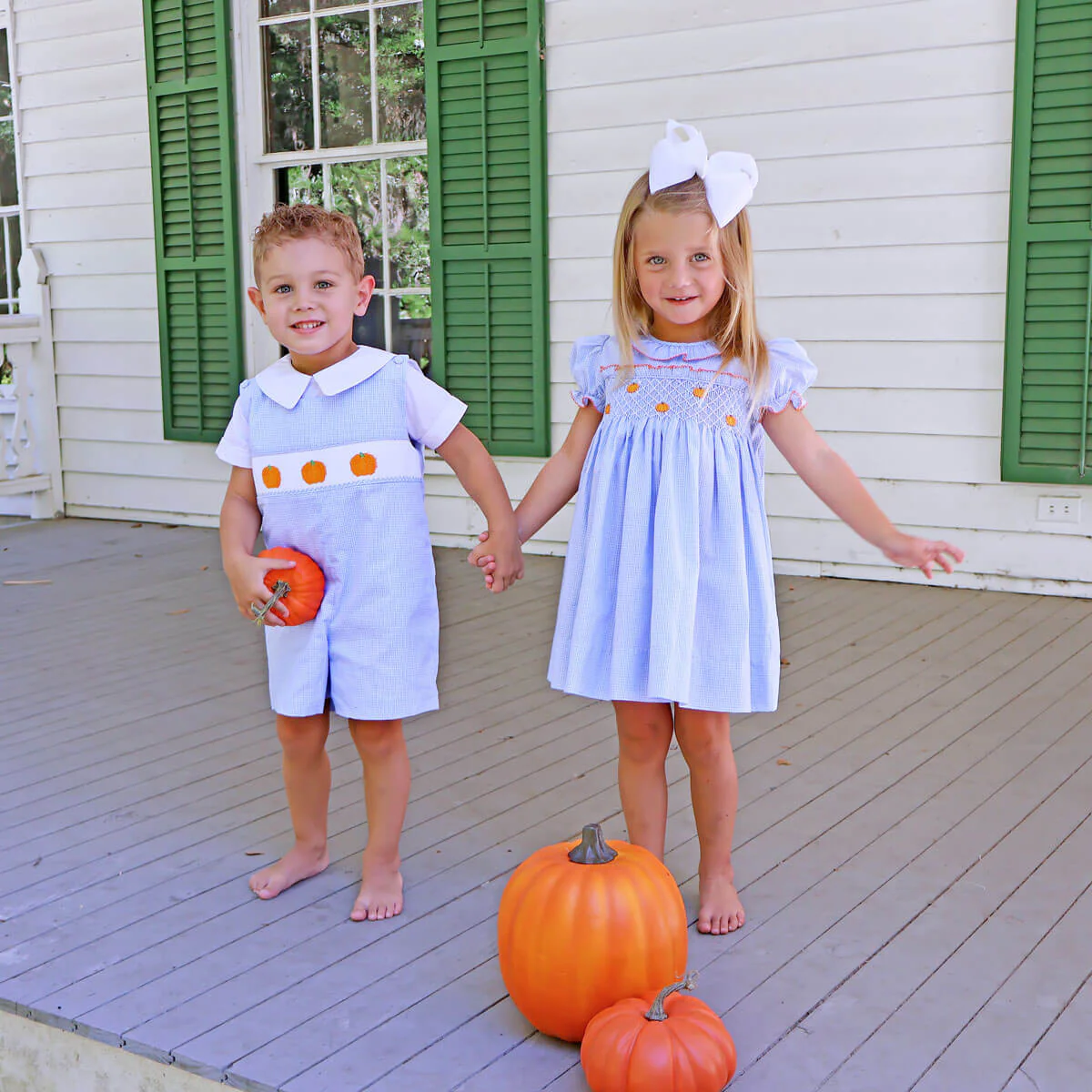 Harvest Pumpkin Smocked Light Blue Jon Jon - Image 4