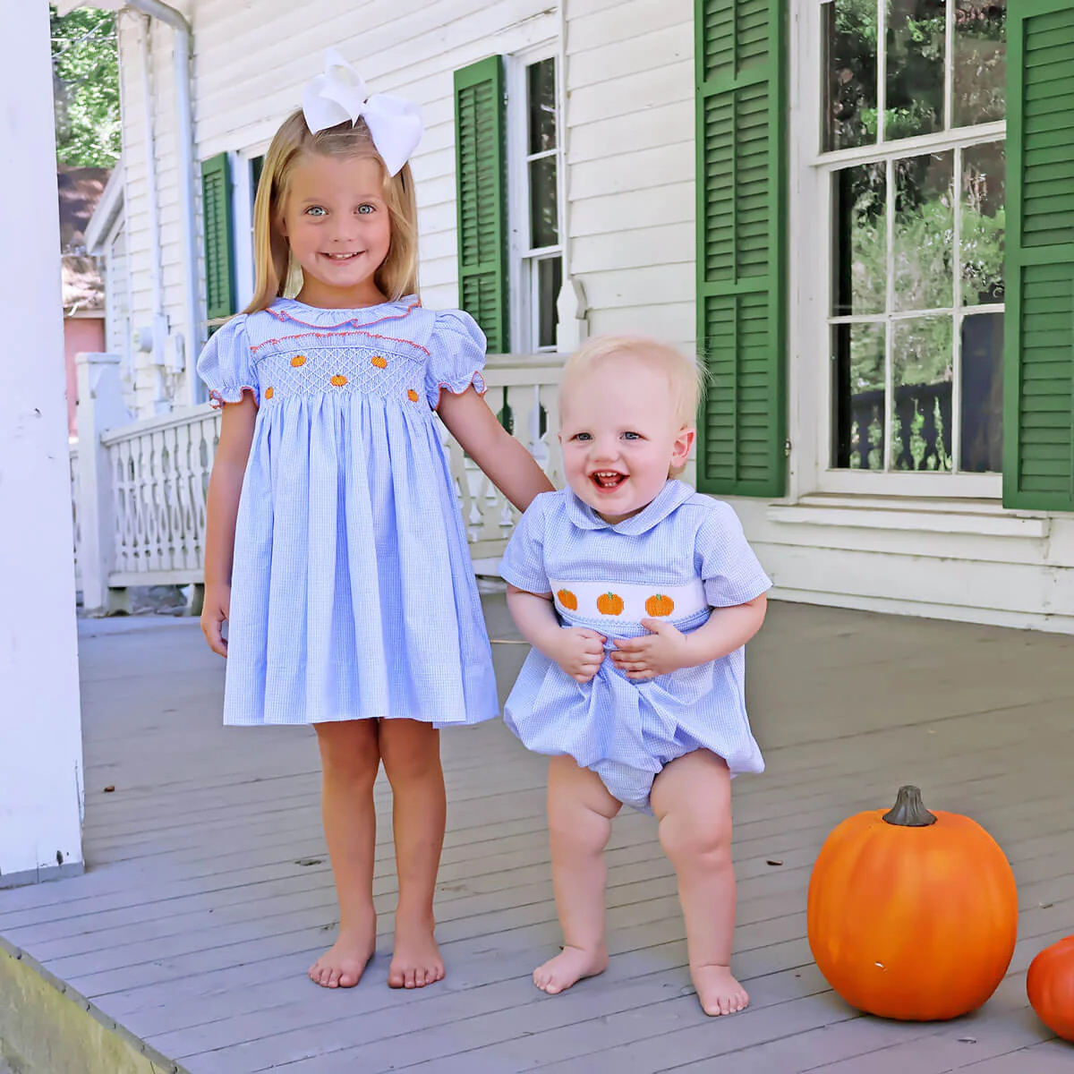 Harvest Pumpkin Smocked Light Blue Gingham Collared Bubble - Image 4