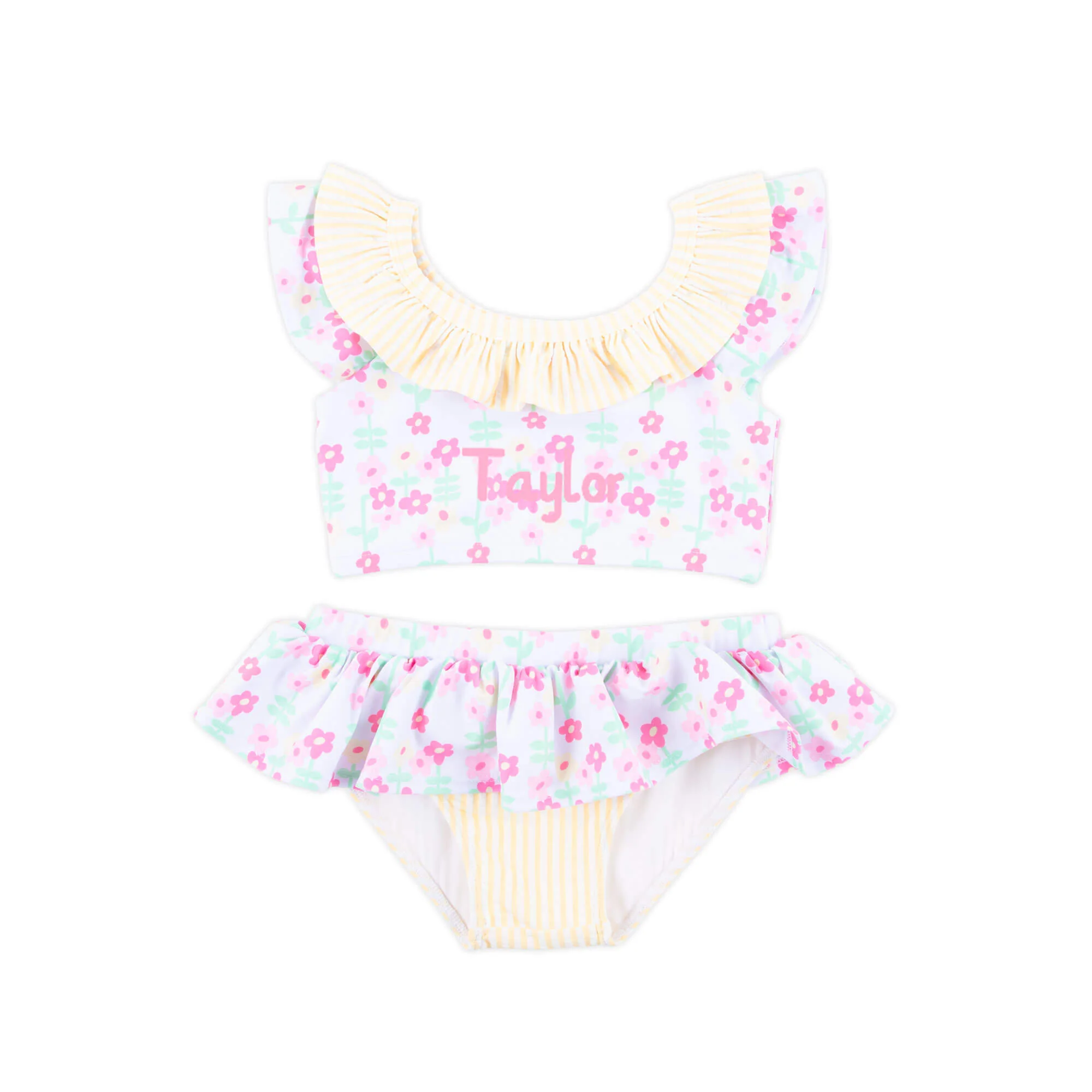 Ditsy Floral Yellow Stripe Two Piece Swimsuit - Image 2