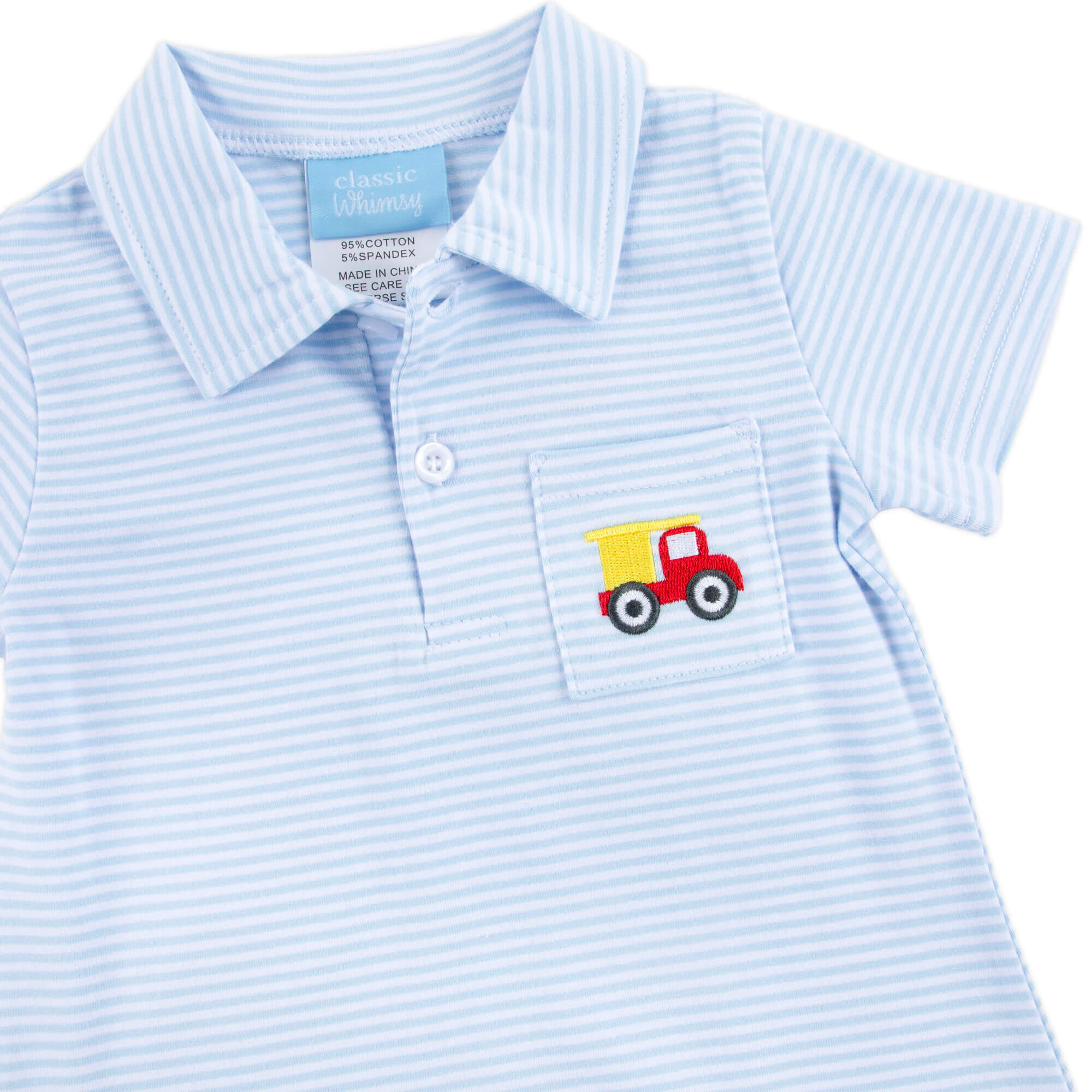 Dump Truck Light Blue Stripe Pocket Polo Romper - Image 2