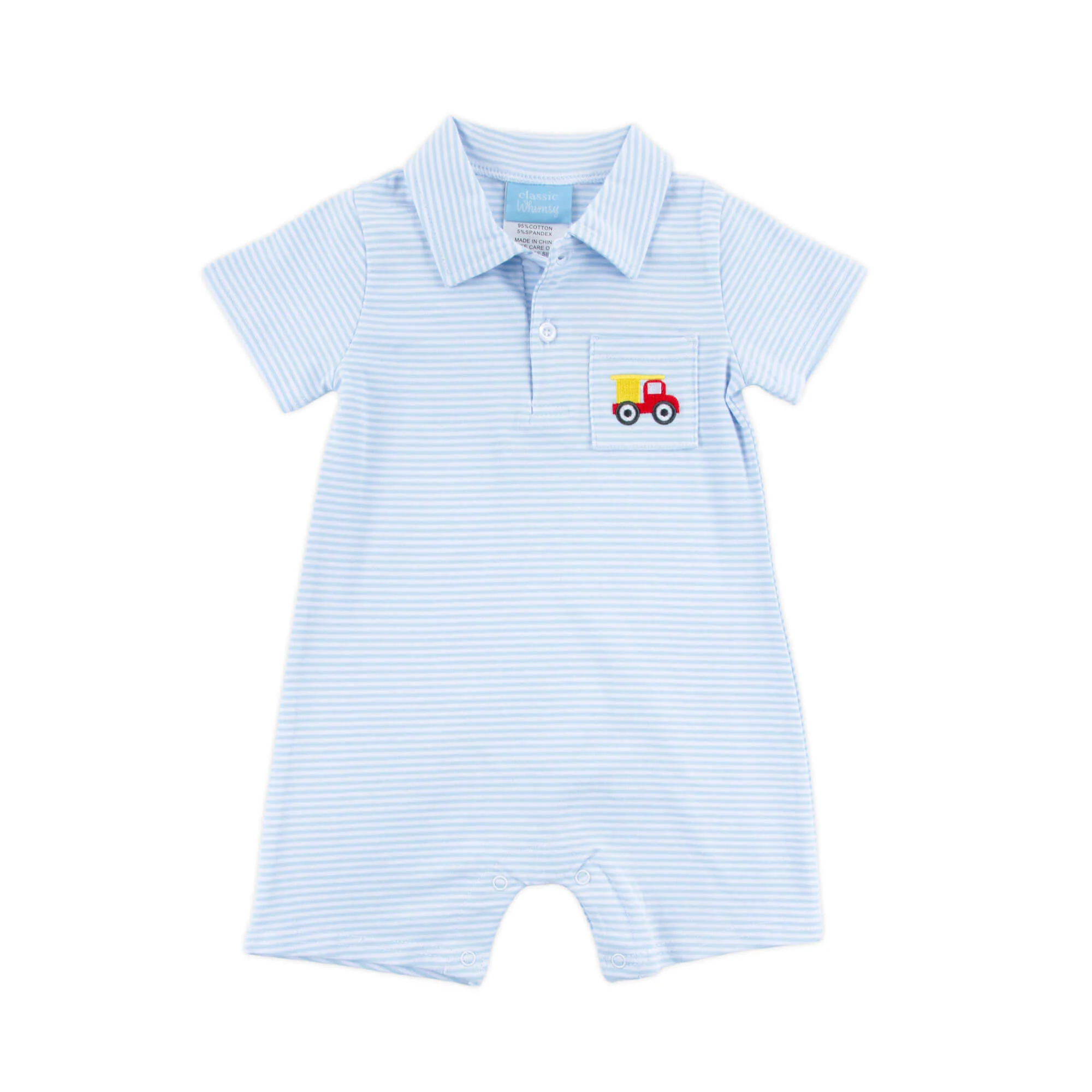 Dump Truck Light Blue Stripe Pocket Polo Romper - Image 3