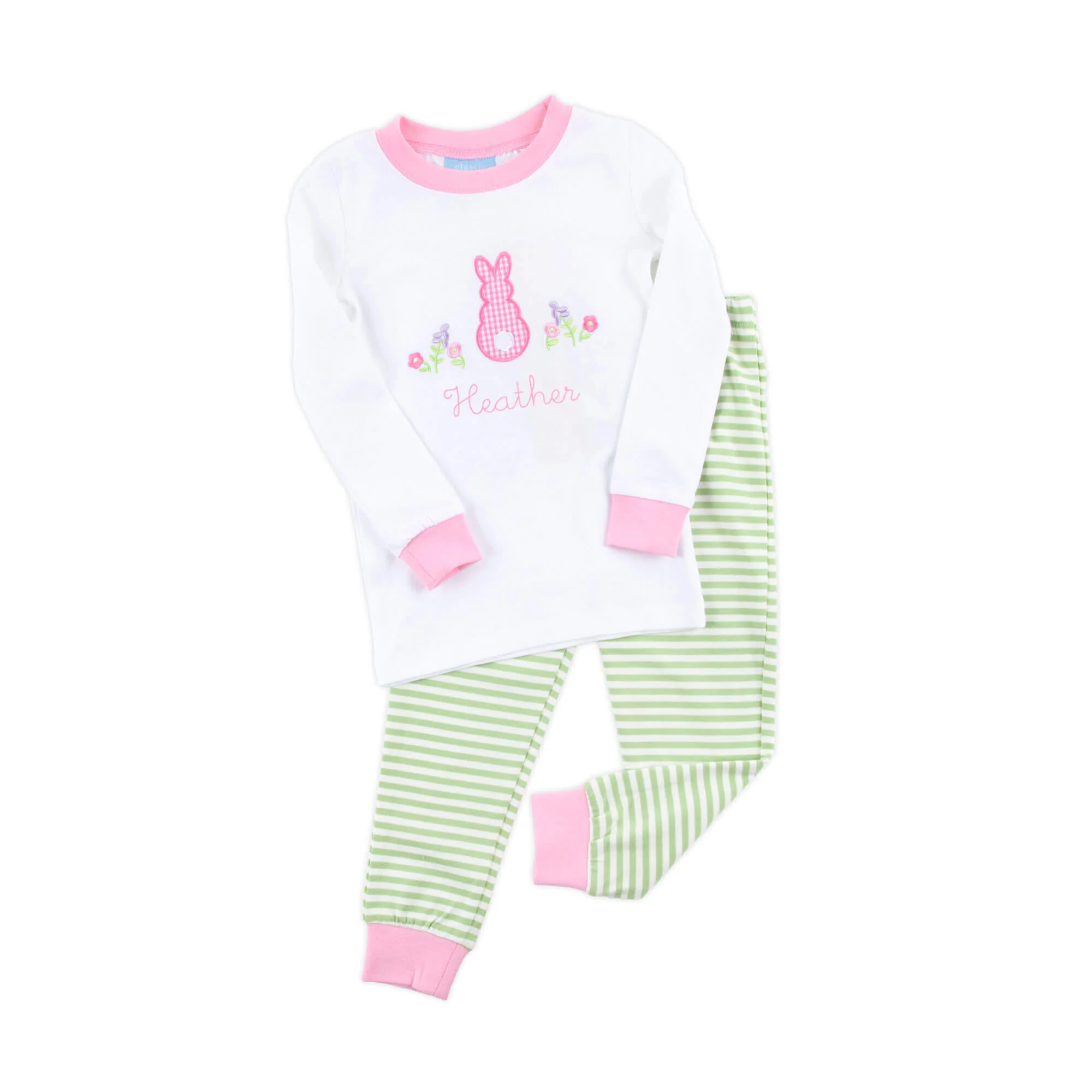 Easter Bunny Pink Trim Green Stripe Pajamas - Image 2