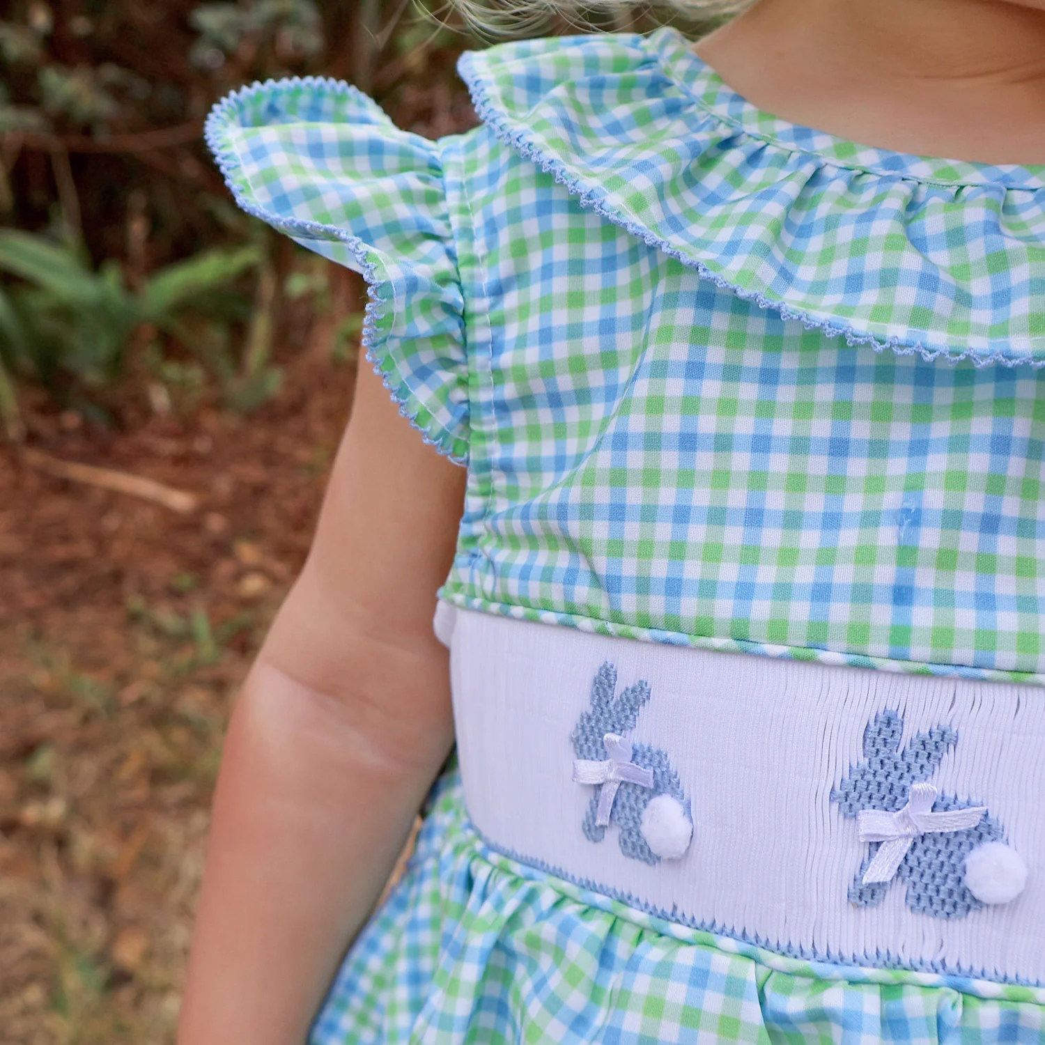 Easter Bunny Smocked Blue & Green Gingham Beverly Bubble - Image 2
