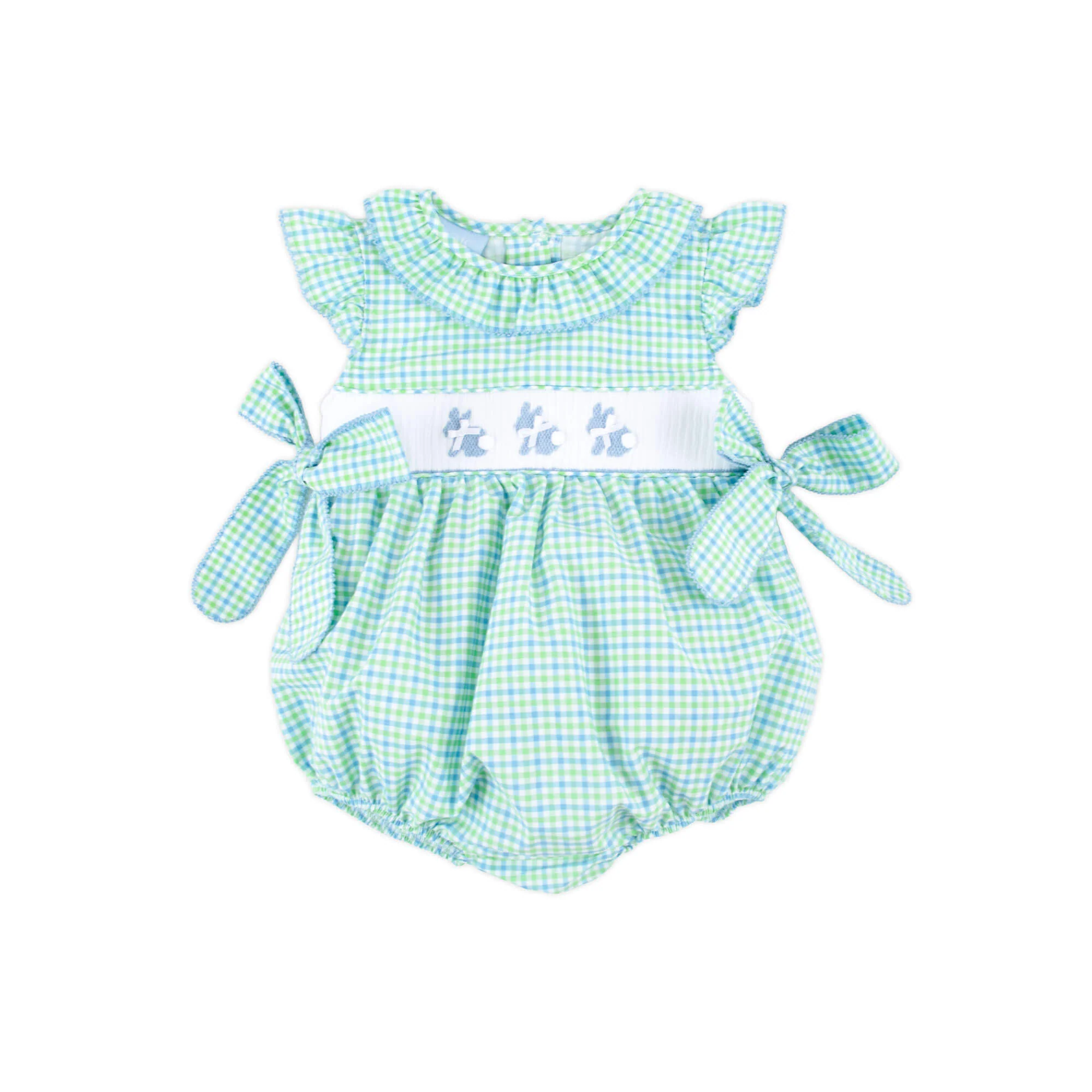 Easter Bunny Smocked Blue & Green Gingham Beverly Bubble - Image 3
