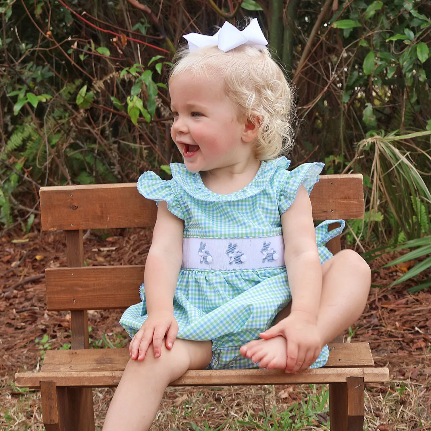 Easter Bunny Smocked Blue & Green Gingham Beverly Bubble - Image 4