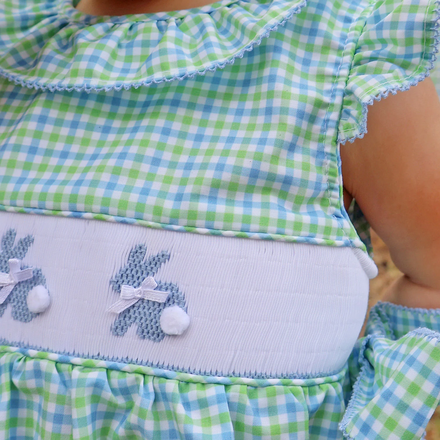 Easter Bunny Smocked Blue & Green Gingham Beverly Dress - Image 2