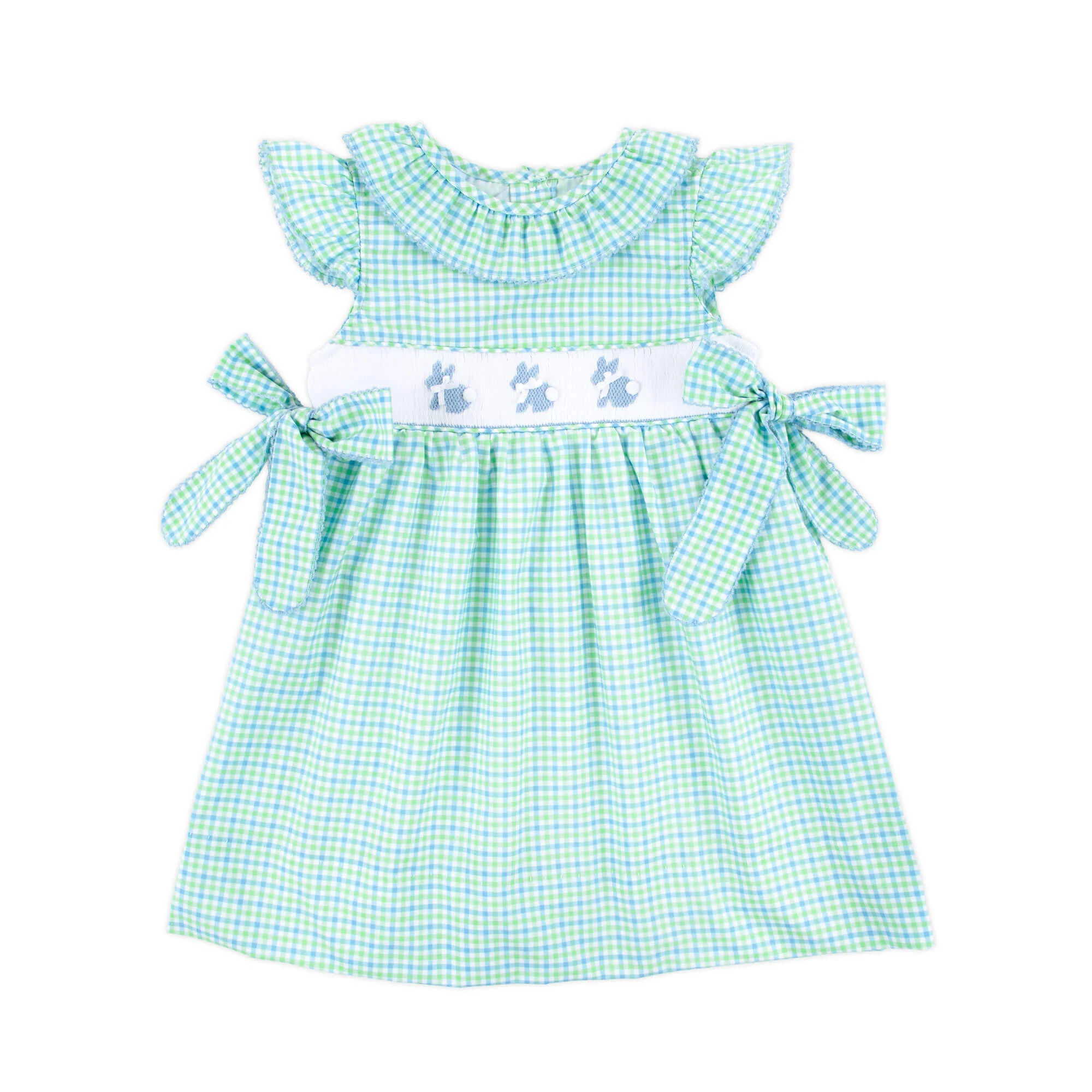 Easter Bunny Smocked Blue & Green Gingham Beverly Dress - Image 3
