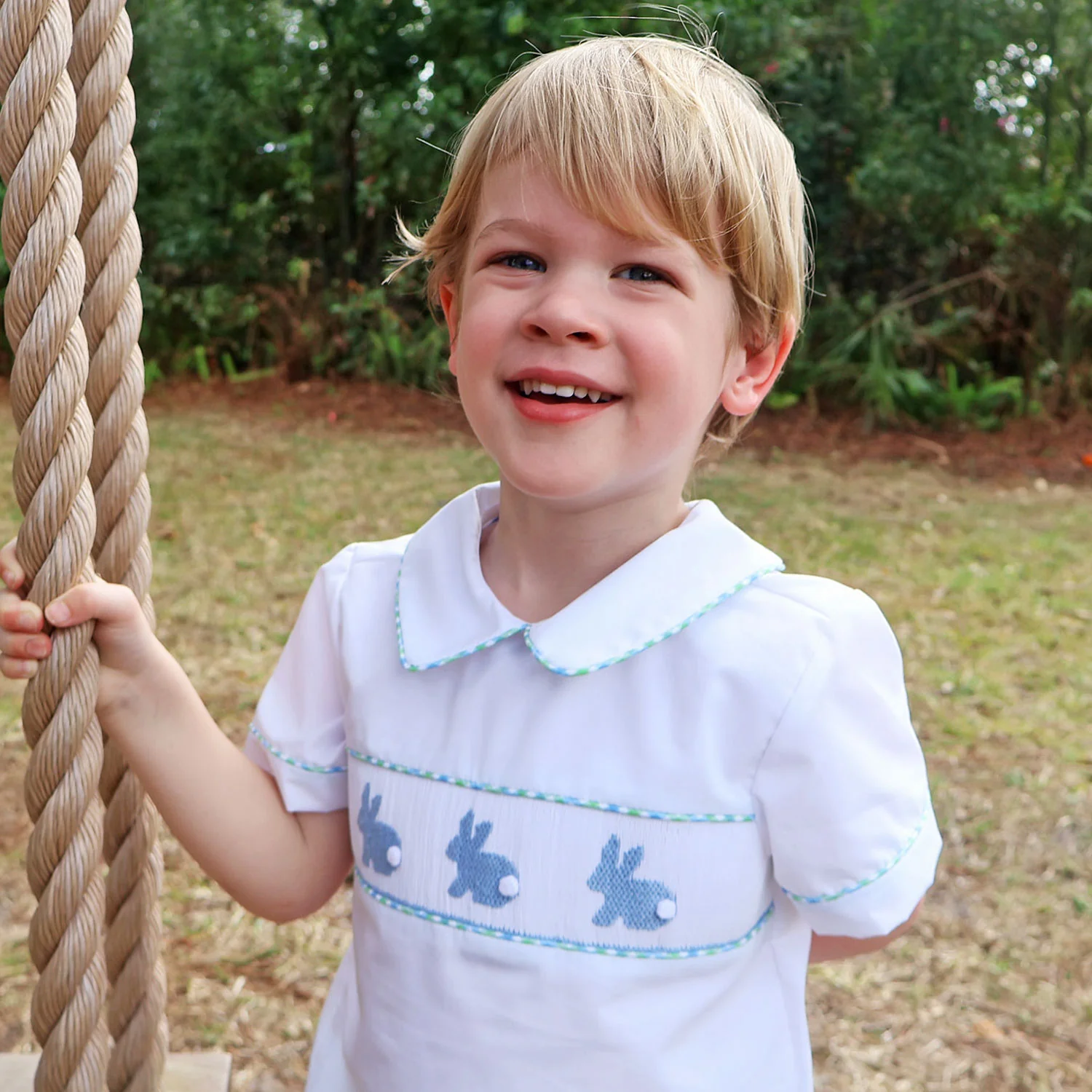 Easter Bunny Smocked Blue & Green Gingham Collared Short Set - Image 2