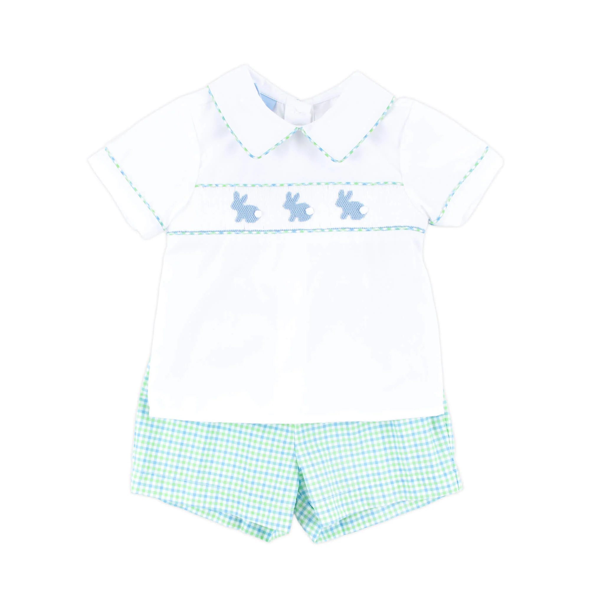 Easter Bunny Smocked Blue & Green Gingham Collared Short Set - Image 3