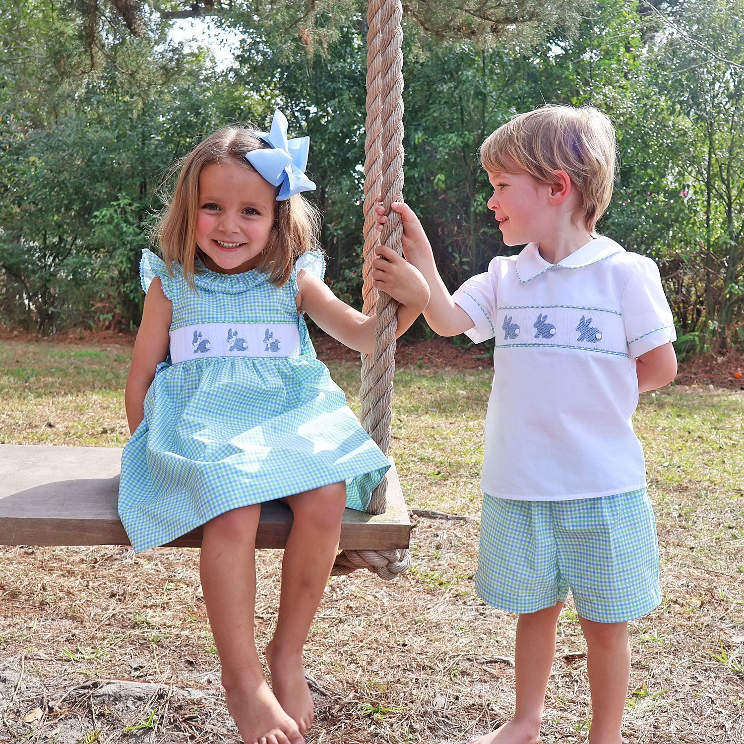 Easter Bunny Smocked Blue & Green Gingham Collared Short Set - Image 4