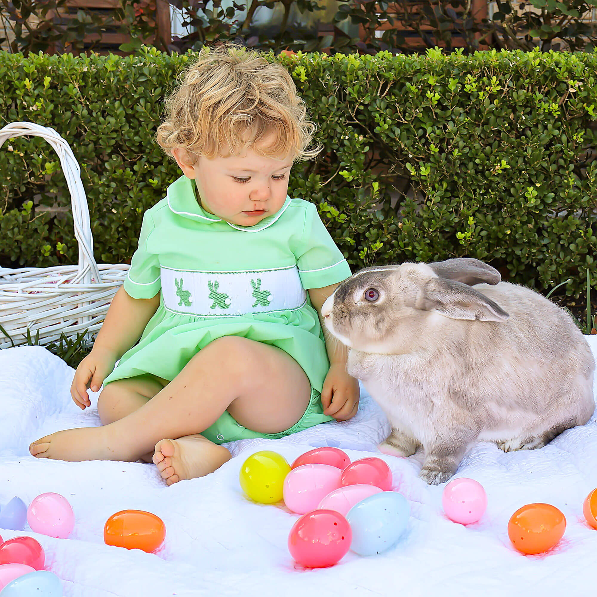 Easter Bunny Smocked Green Gingham Collared Bubble - Image 2
