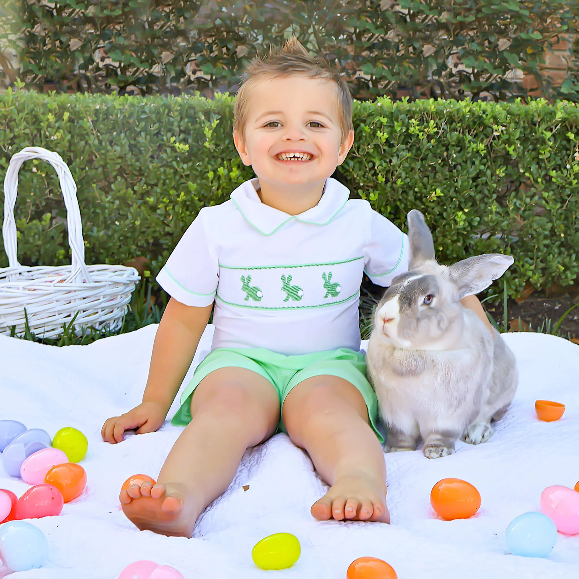 Easter Bunny Smocked Green Collared Short Set - Image 2