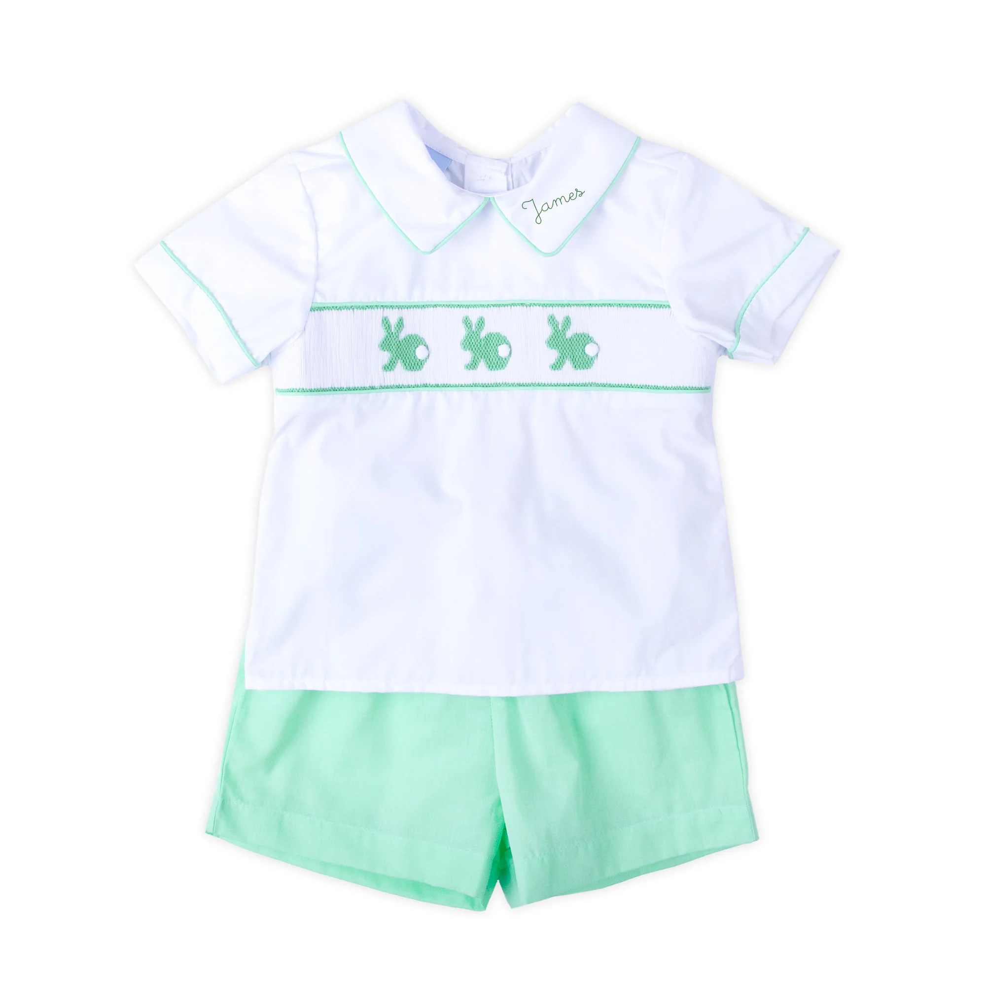 Easter Bunny Smocked Green Collared Short Set - Image 3