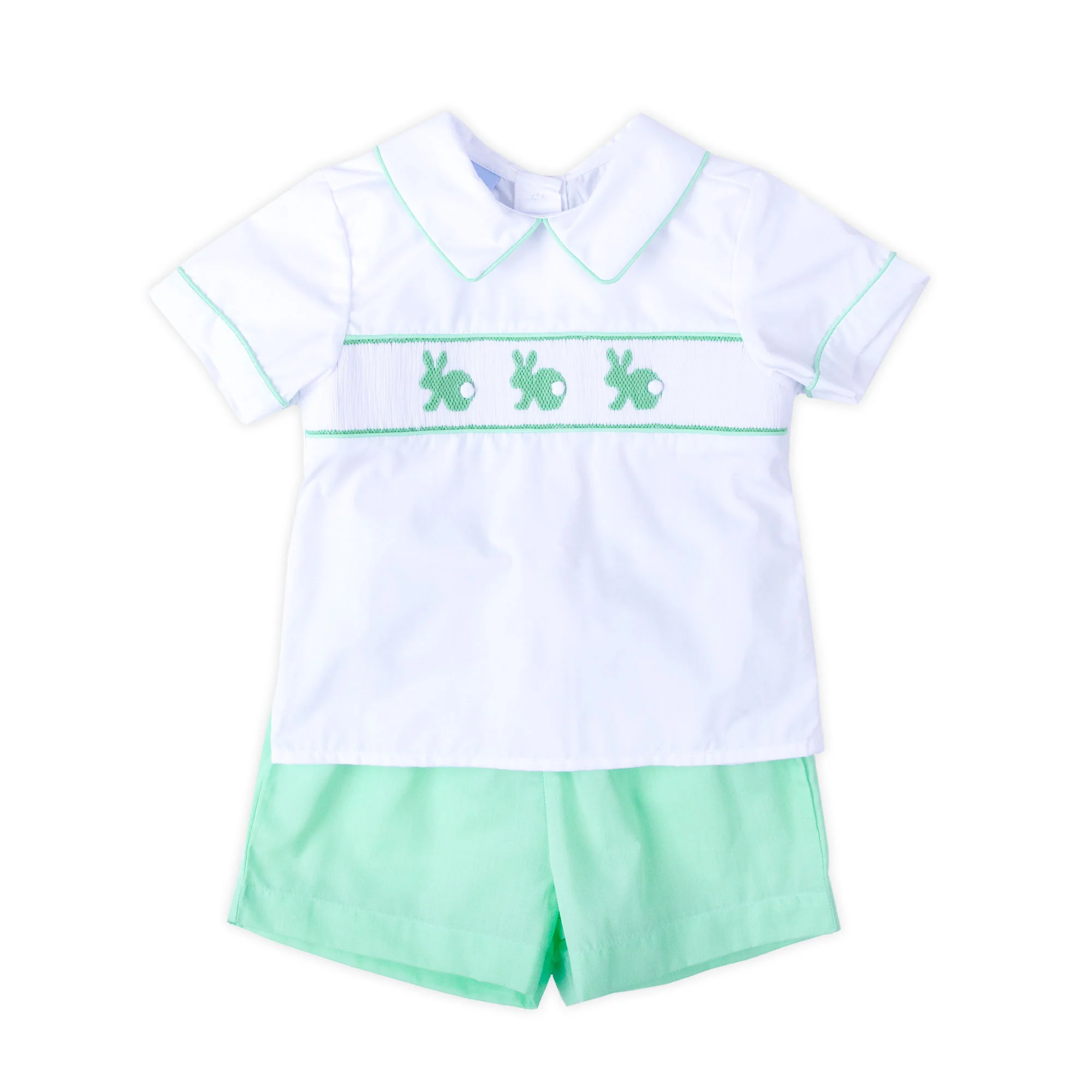 Easter Bunny Smocked Green Collared Short Set - Image 5