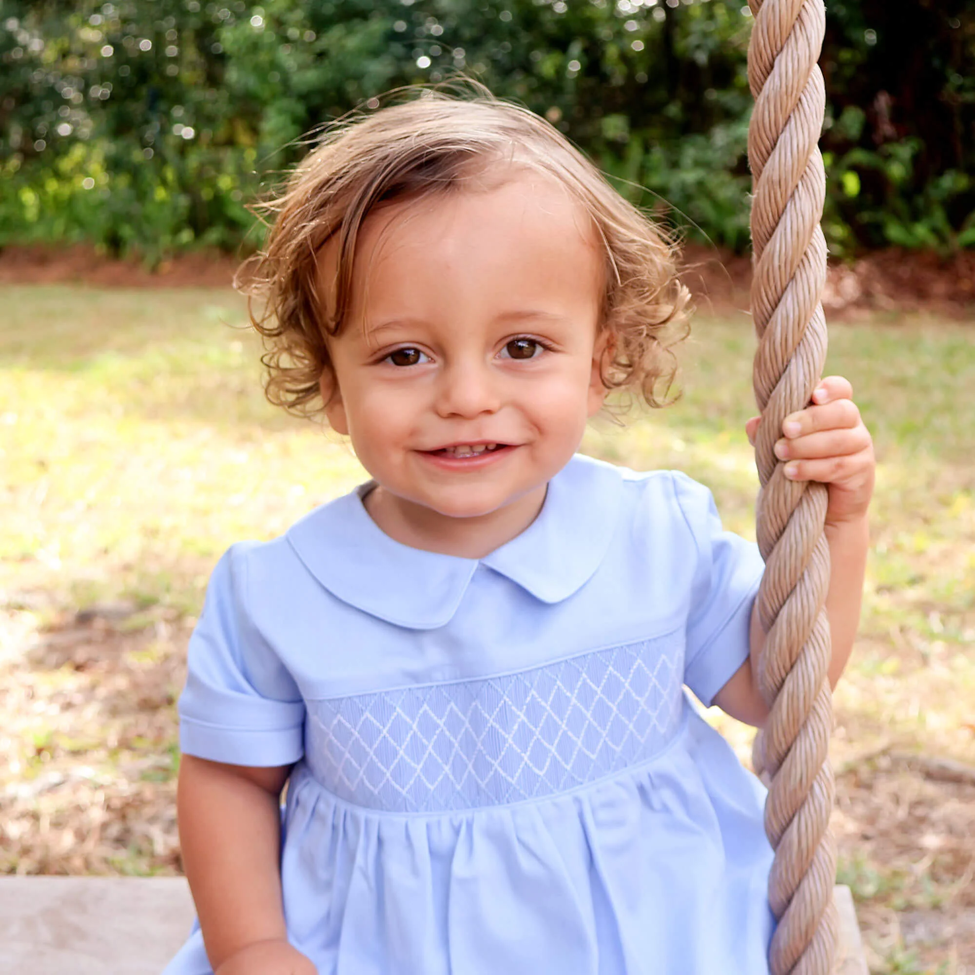 Blue Pique Smocked Collared Bubble - Image 3