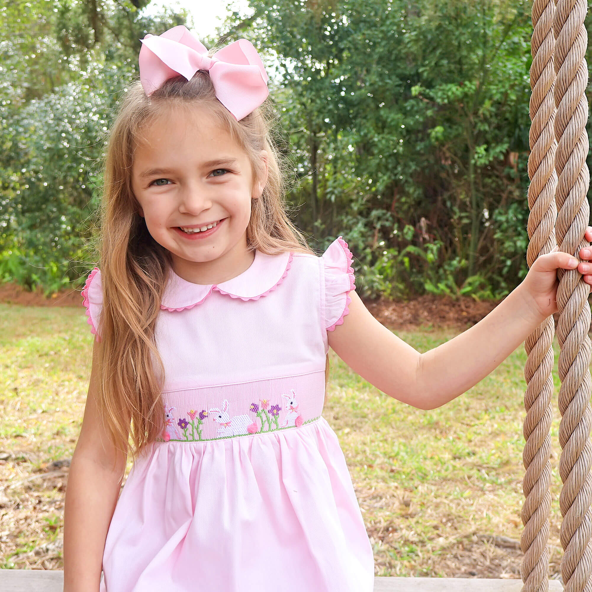 Easter Celebration Pink Pique Smocked Collared Dress - Image 5