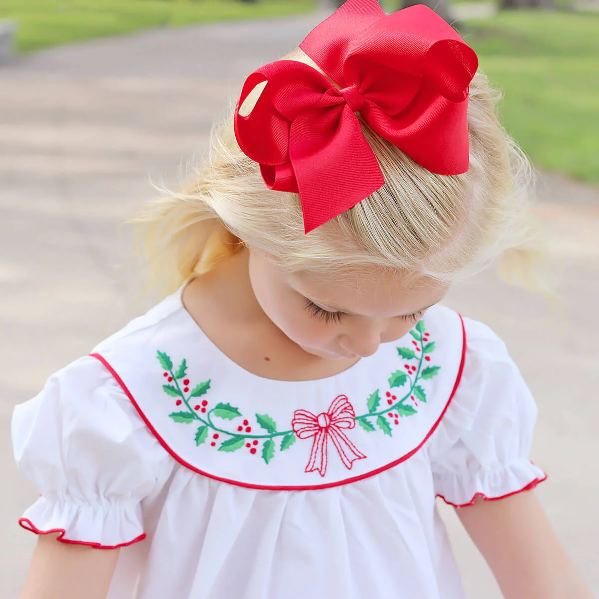 Embroidered Christmas Holly Bow Dress - Image 2