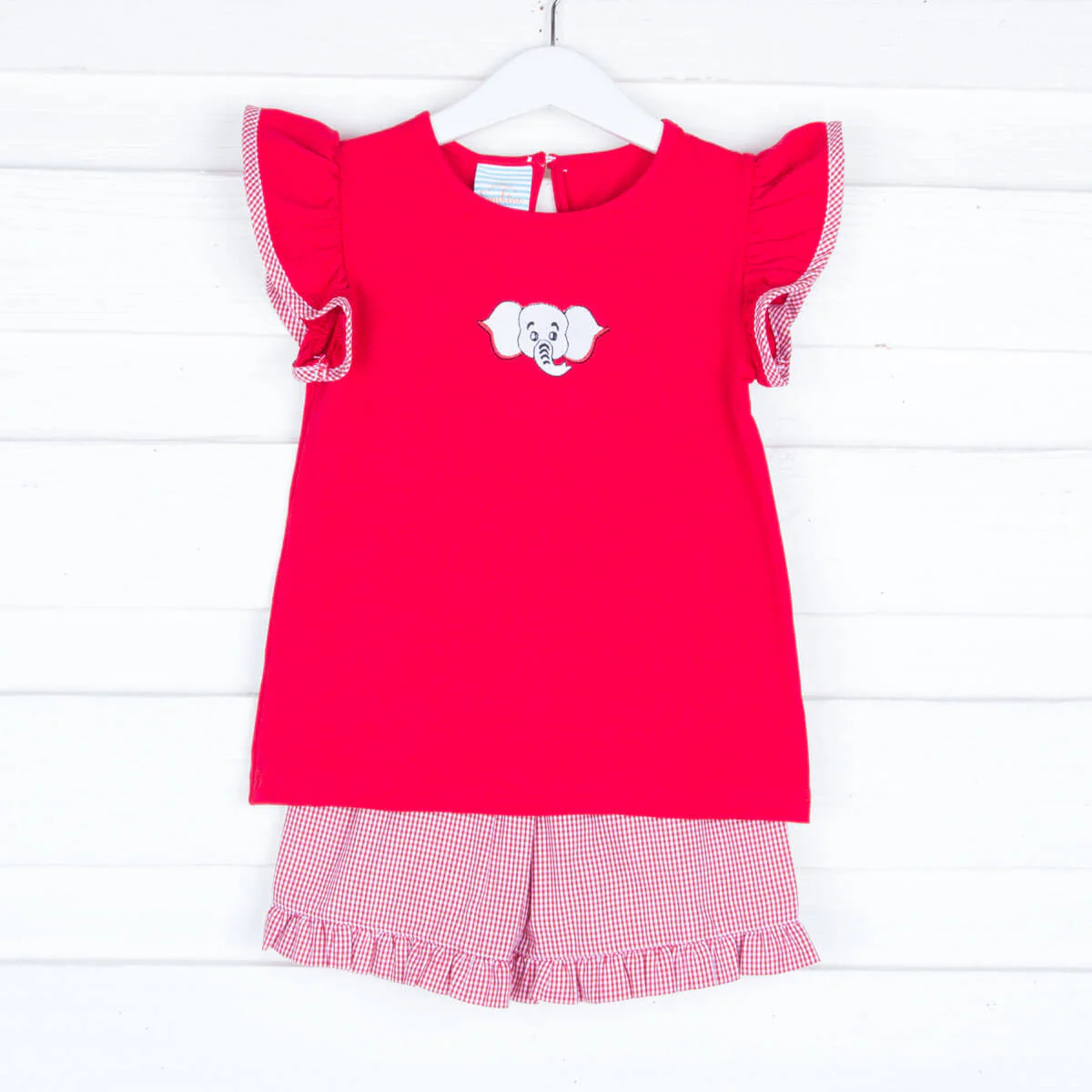 Embroidered Elephant Short Set Red Gingham - Image 2