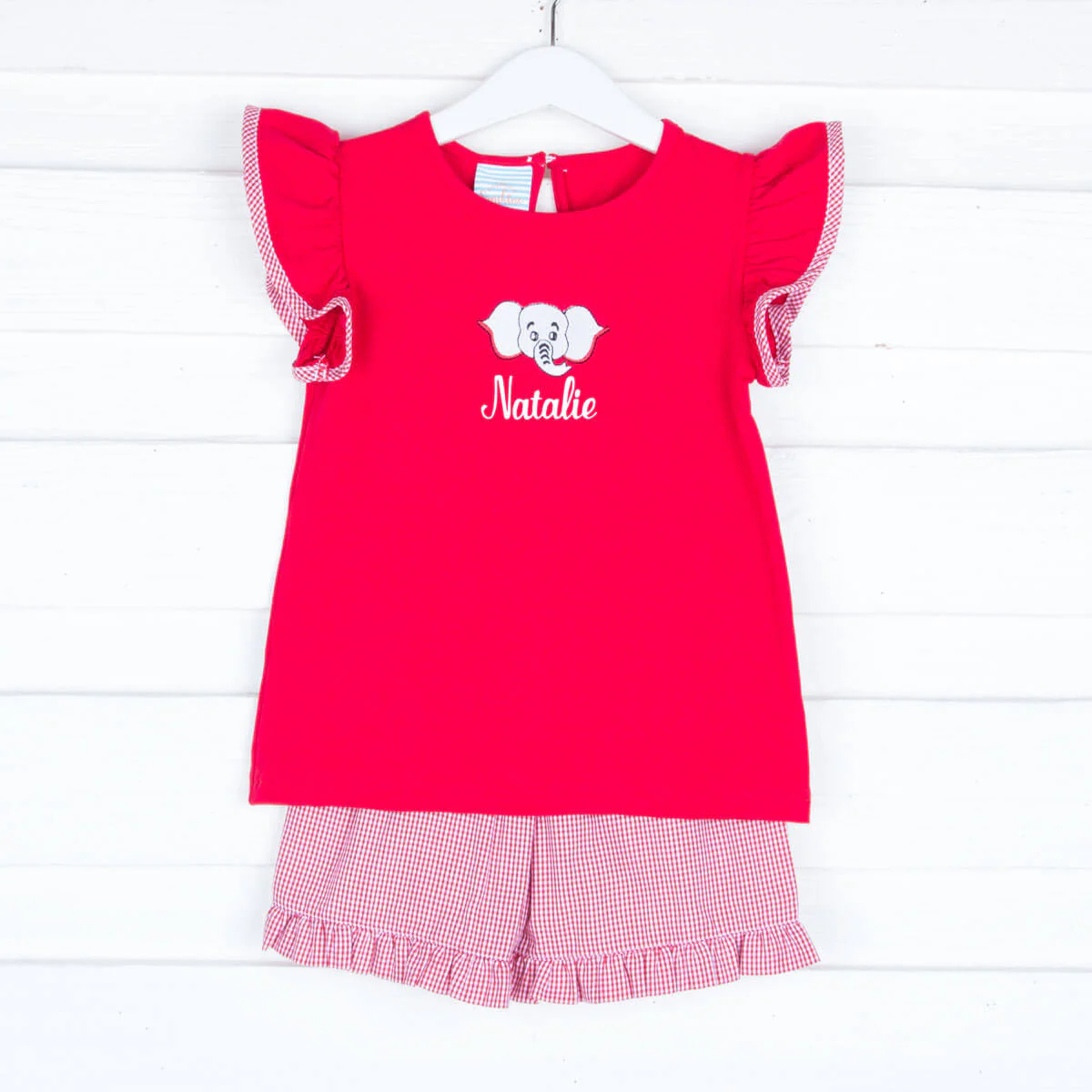Embroidered Elephant Short Set Red Gingham - Image 3