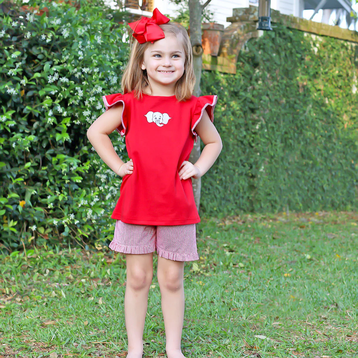 Embroidered Elephant Short Set Red Gingham - Image 6