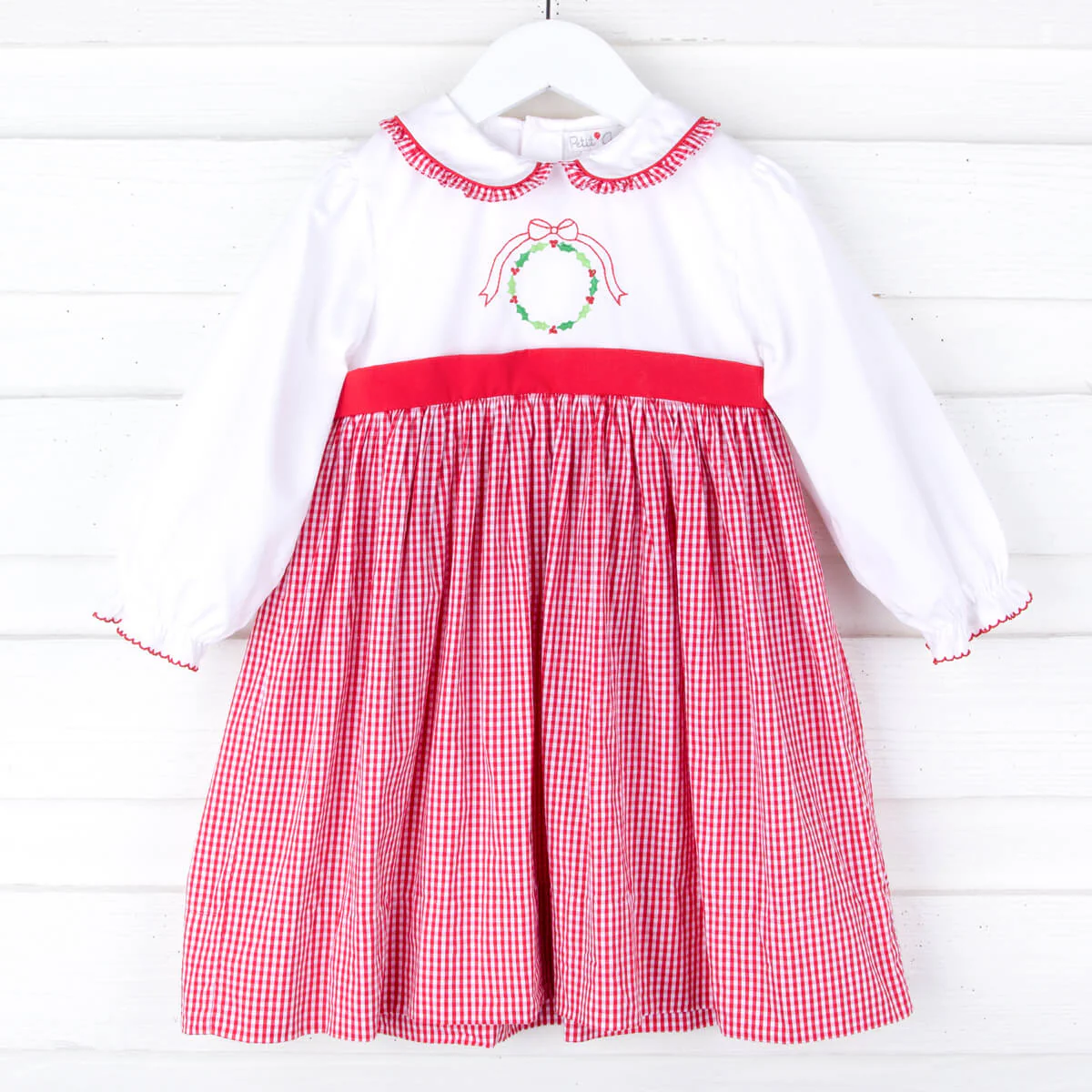 Embroidered Holiday Wreath Red Gingham Dress - Image 2