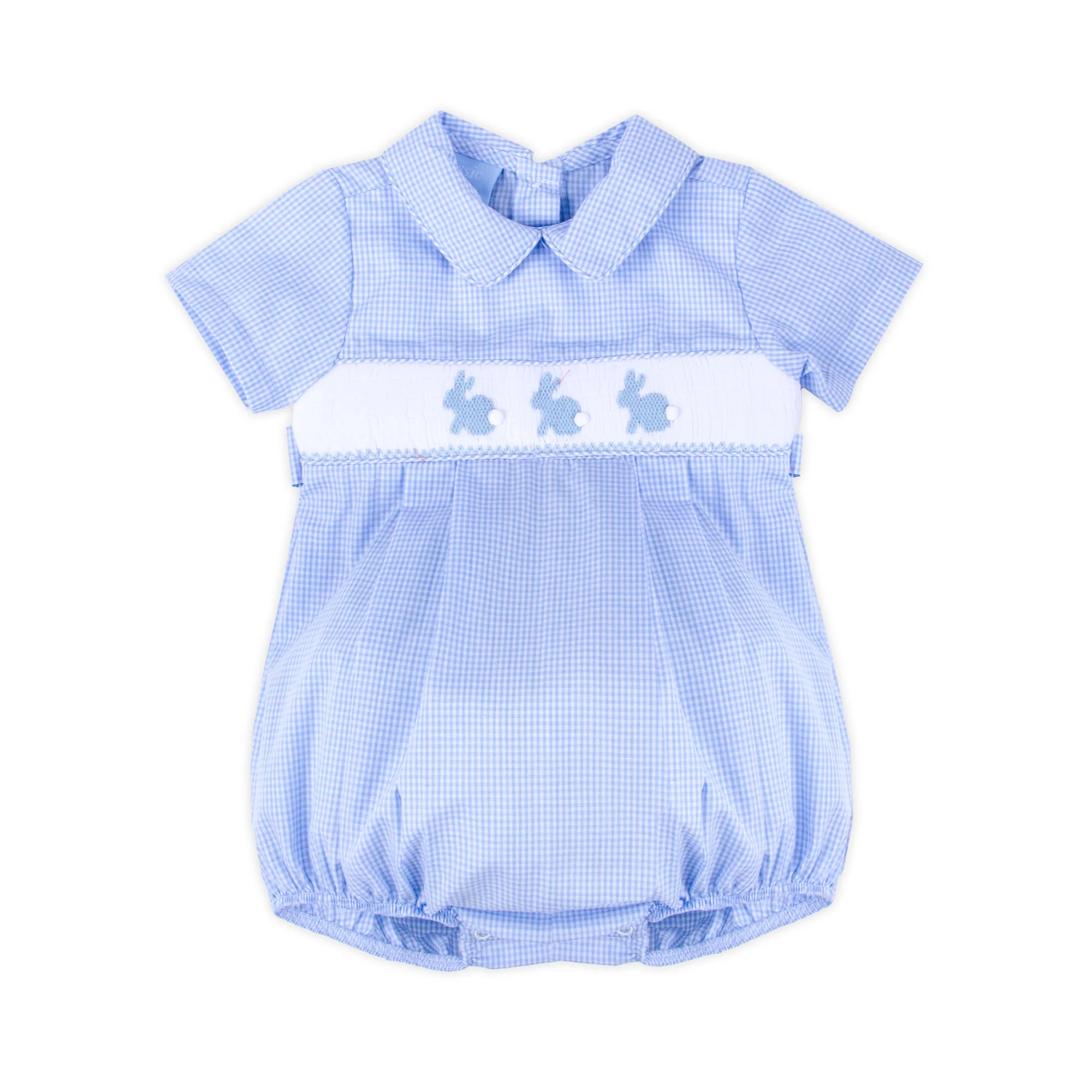 Enchanted Bunny Blue Gingham Smocked Collared Bubble - Image 2